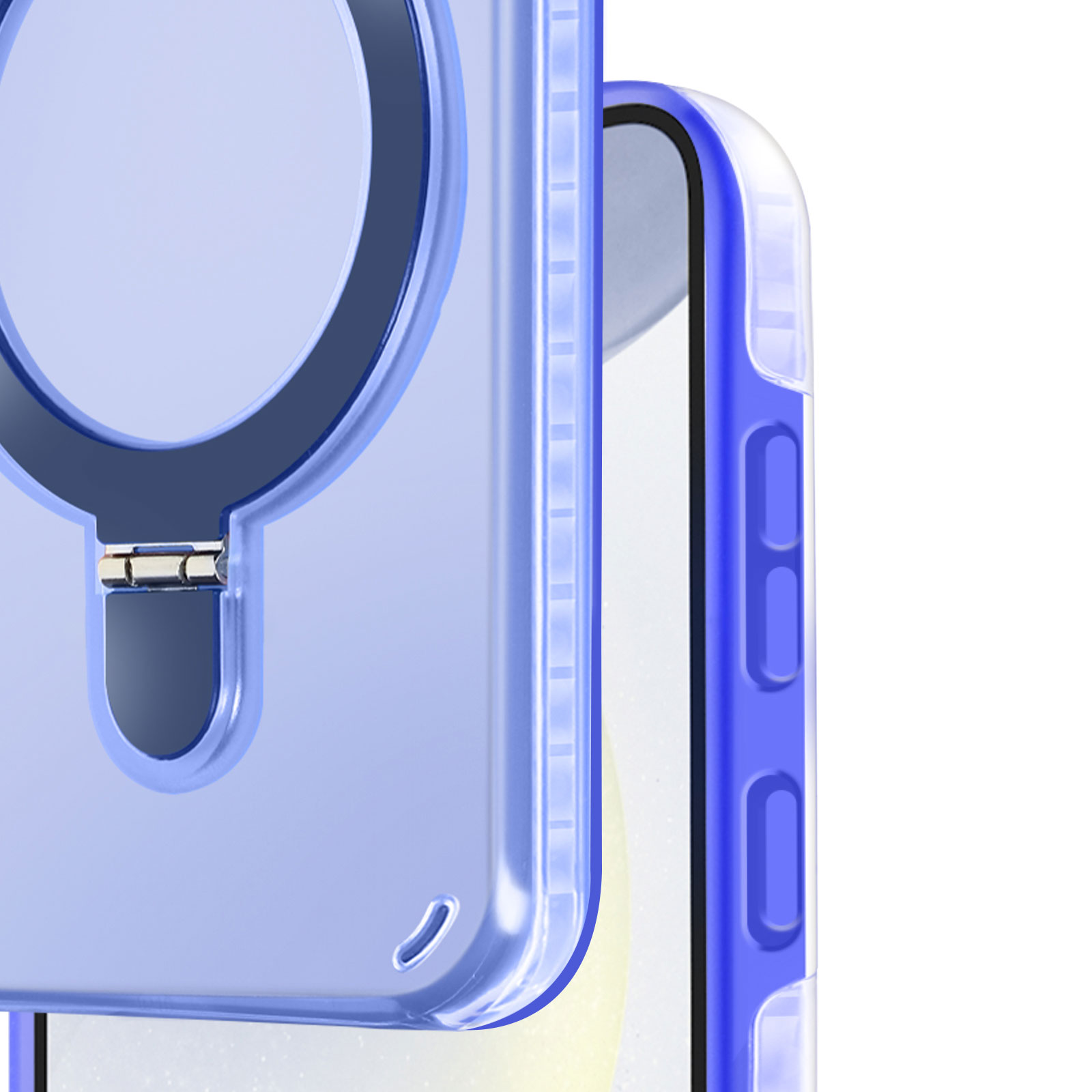 Custodia trasparente per telefono con bordi blu e supporto ad anello. Il telefono non è visibile.