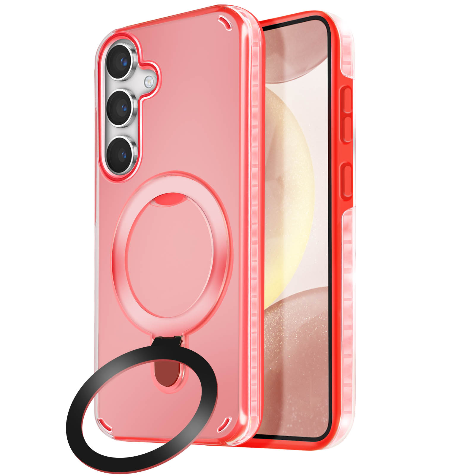 Una custodia per telefono rossa con un anello e tre fotocamere. Ha un retro trasparente.