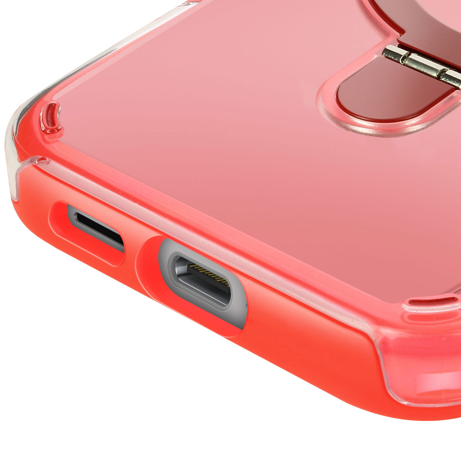 Una custodia per telefono rossa con una porta. L'interno della custodia è rosso e i bordi sono trasparenti.