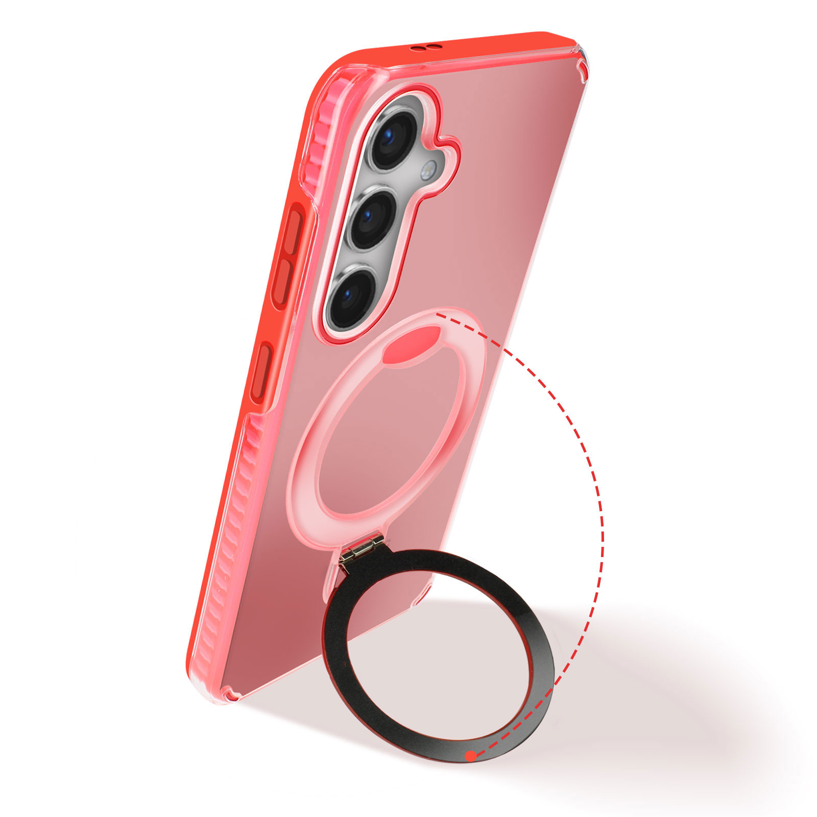 Custodia per telefono rossa con supporto ad anello. Il telefono è rosso. Il supporto ad anello è nero.