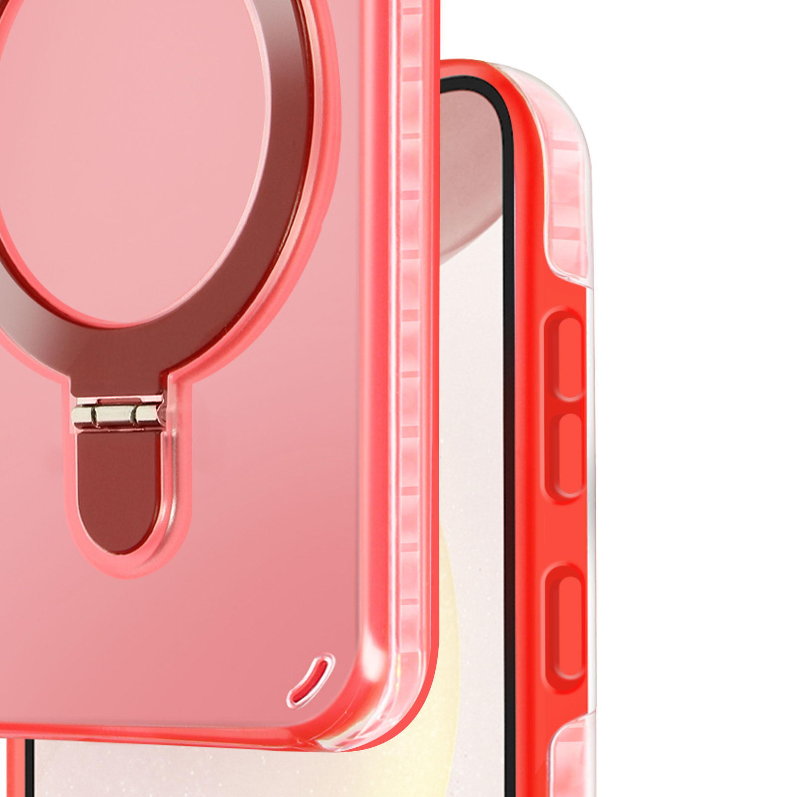 Custodia per telefono rossa con supporto ad anello. Il lato del telefono con i pulsanti è visibile.