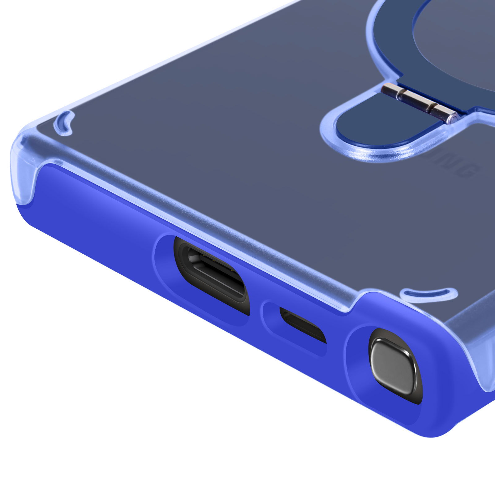 Primo piano di una custodia per telefono blu con porta di ricarica visibile. Sfondo bianco.