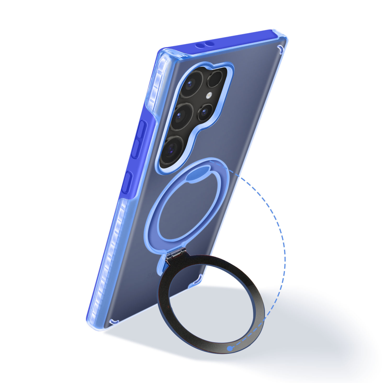 Custodia per telefono blu con anello, telefono nero all'interno. Sfondo bianco.