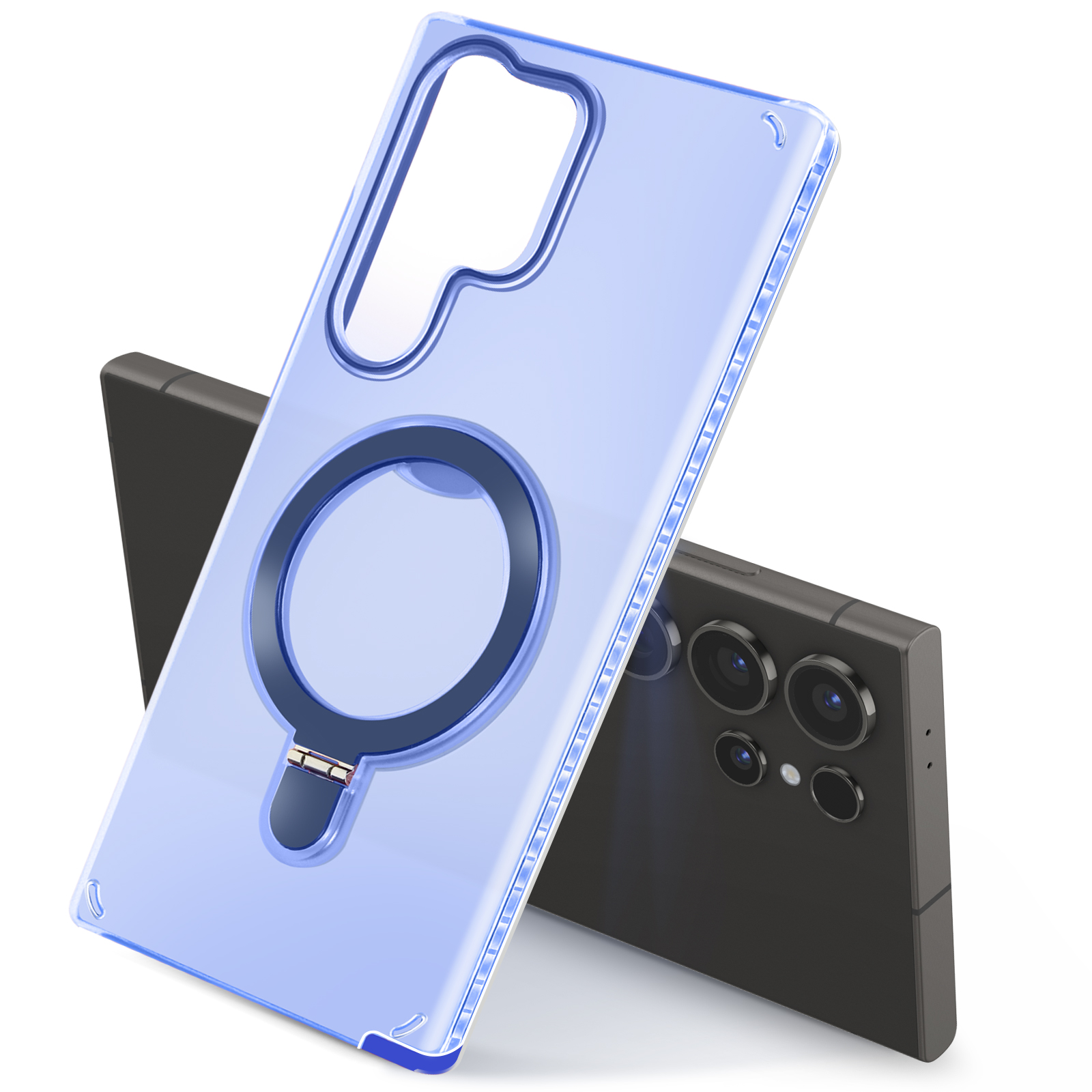 Custodia blu per telefono con anello, telefono nero dietro. Sfondo bianco.