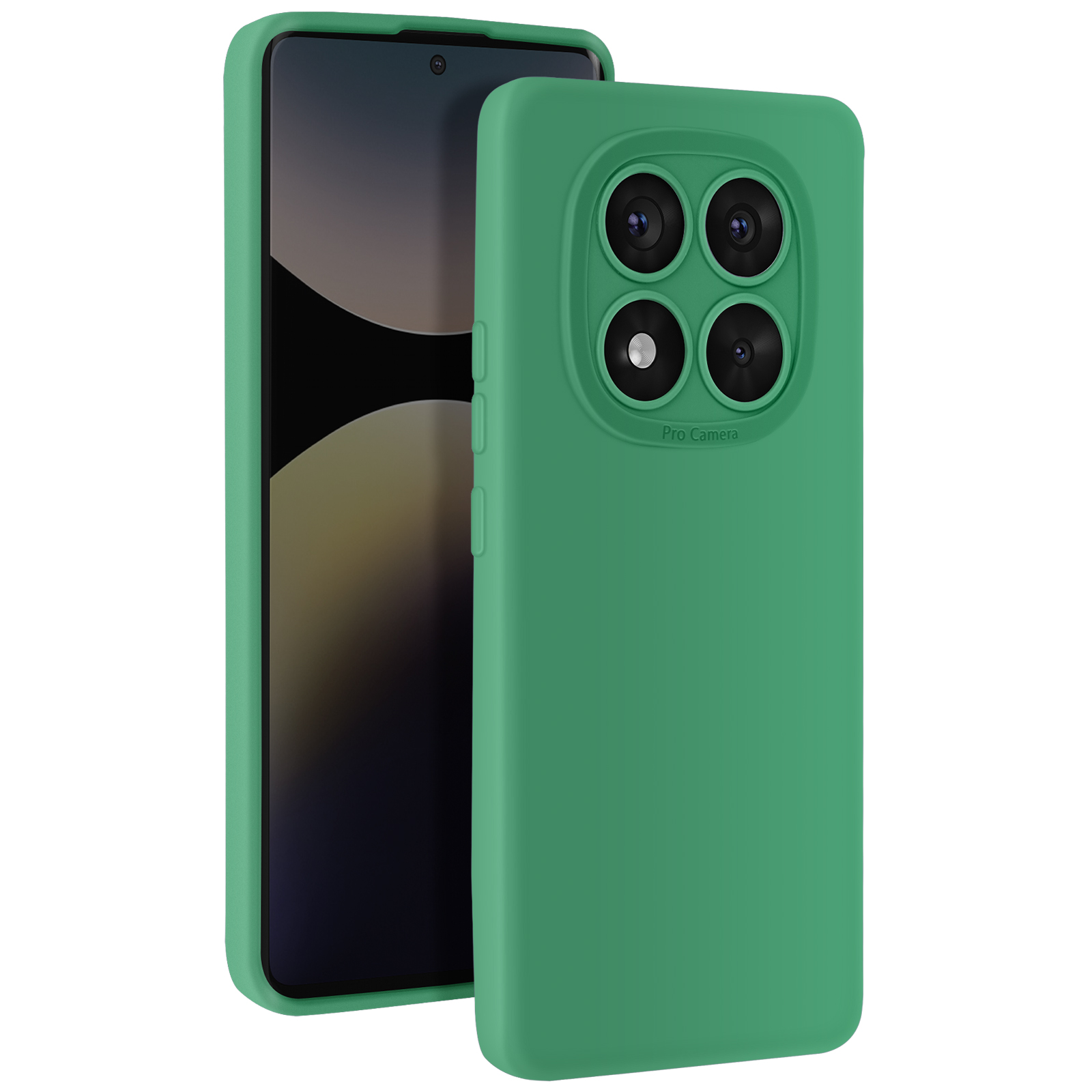 Una custodia per telefono verde con quattro lenti della fotocamera e un telefono.