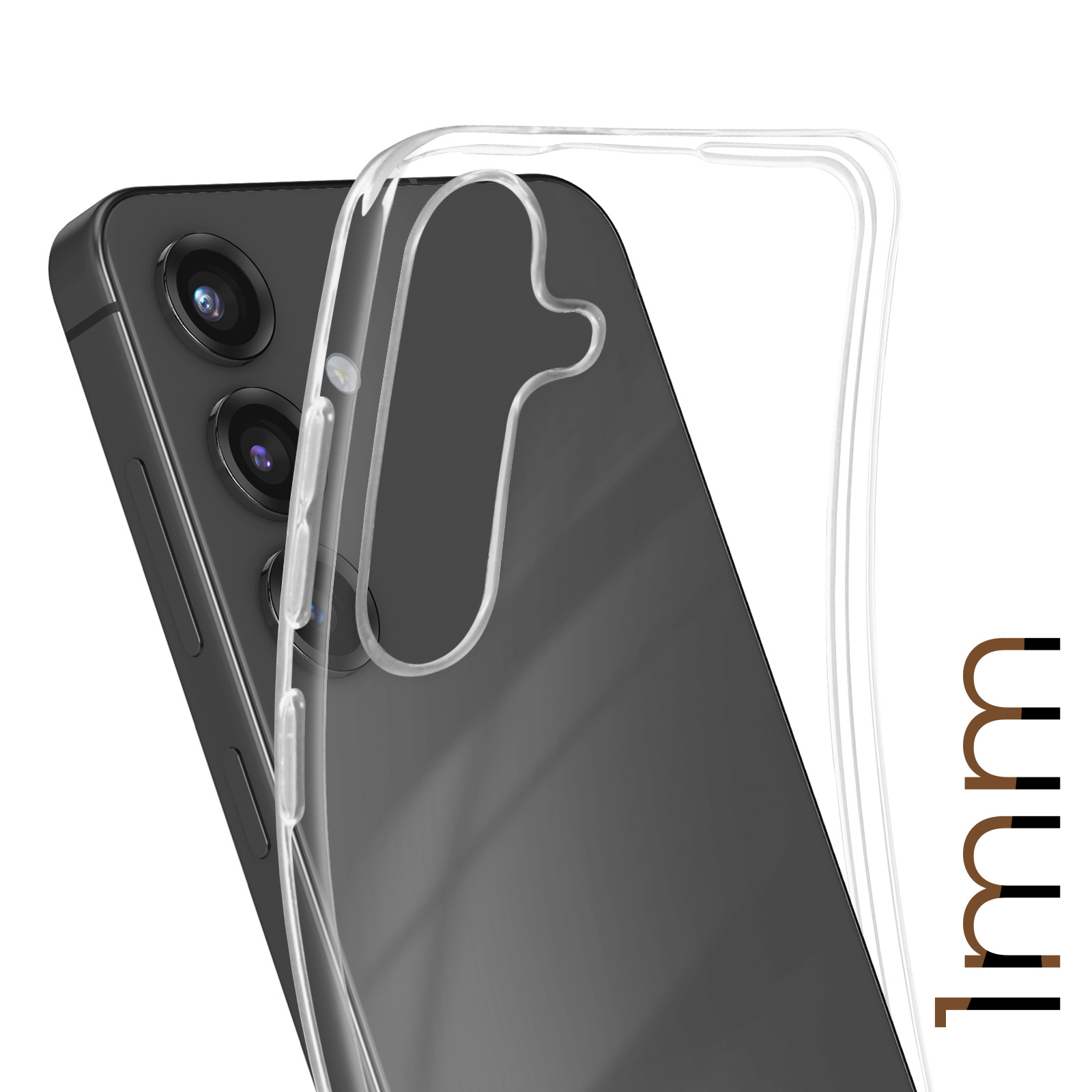 Una custodia trasparente per telefono, il telefono con fotocamera e custodia trasparente, il testo '1mm' è a destra.