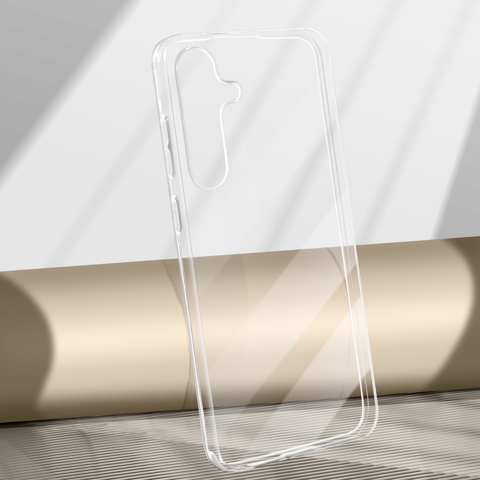 Una custodia trasparente per telefono su sfondo bianco. La custodia è vuota.