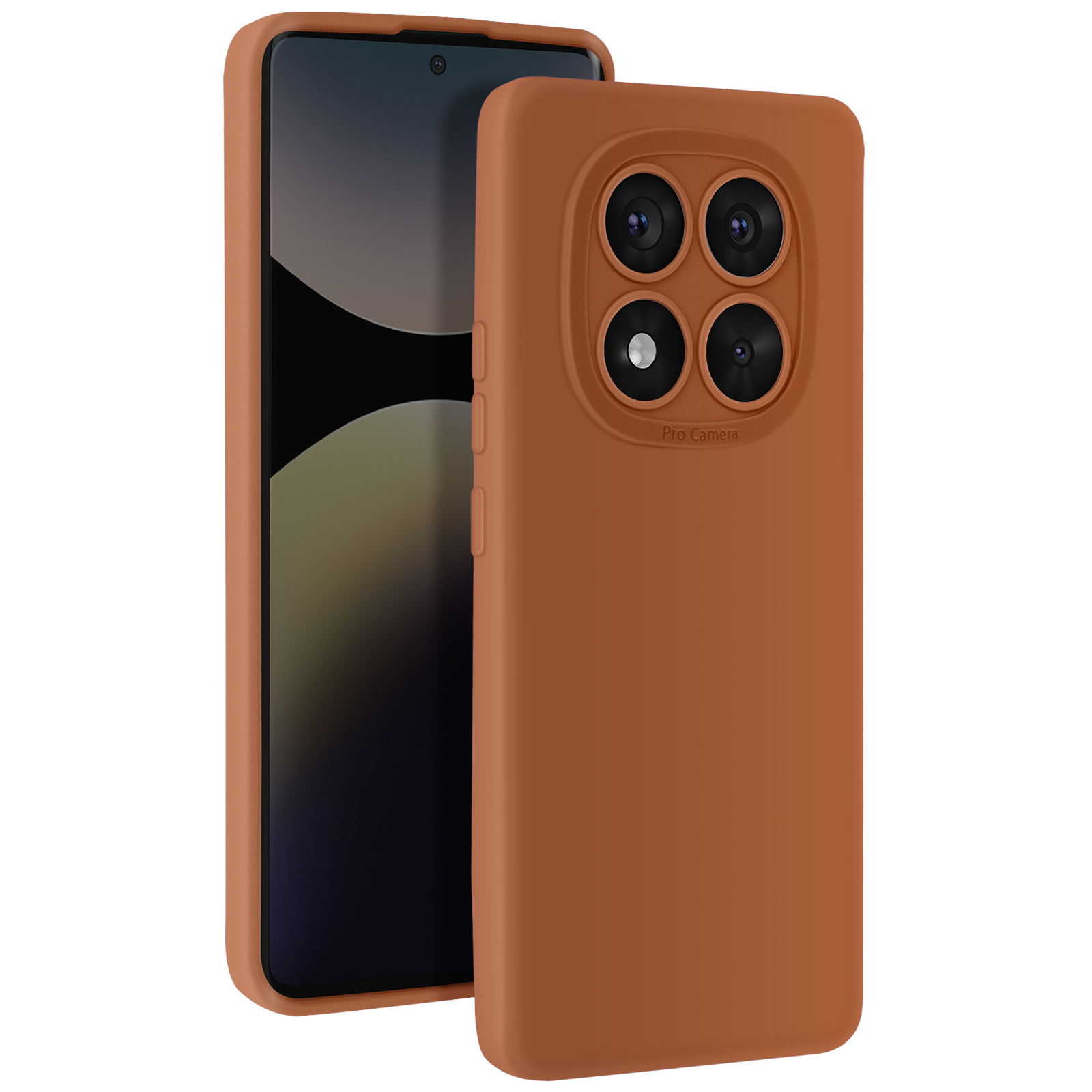 Custodia arancione per telefono con quattro lenti della fotocamera. Una custodia davanti a un'altra su sfondo bianco.