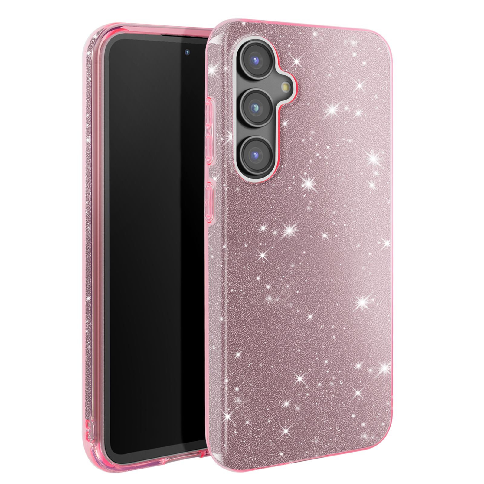 Custodia rosa glitterata su un telefono. Lenti della fotocamera triple. Schermo nero del telefono.