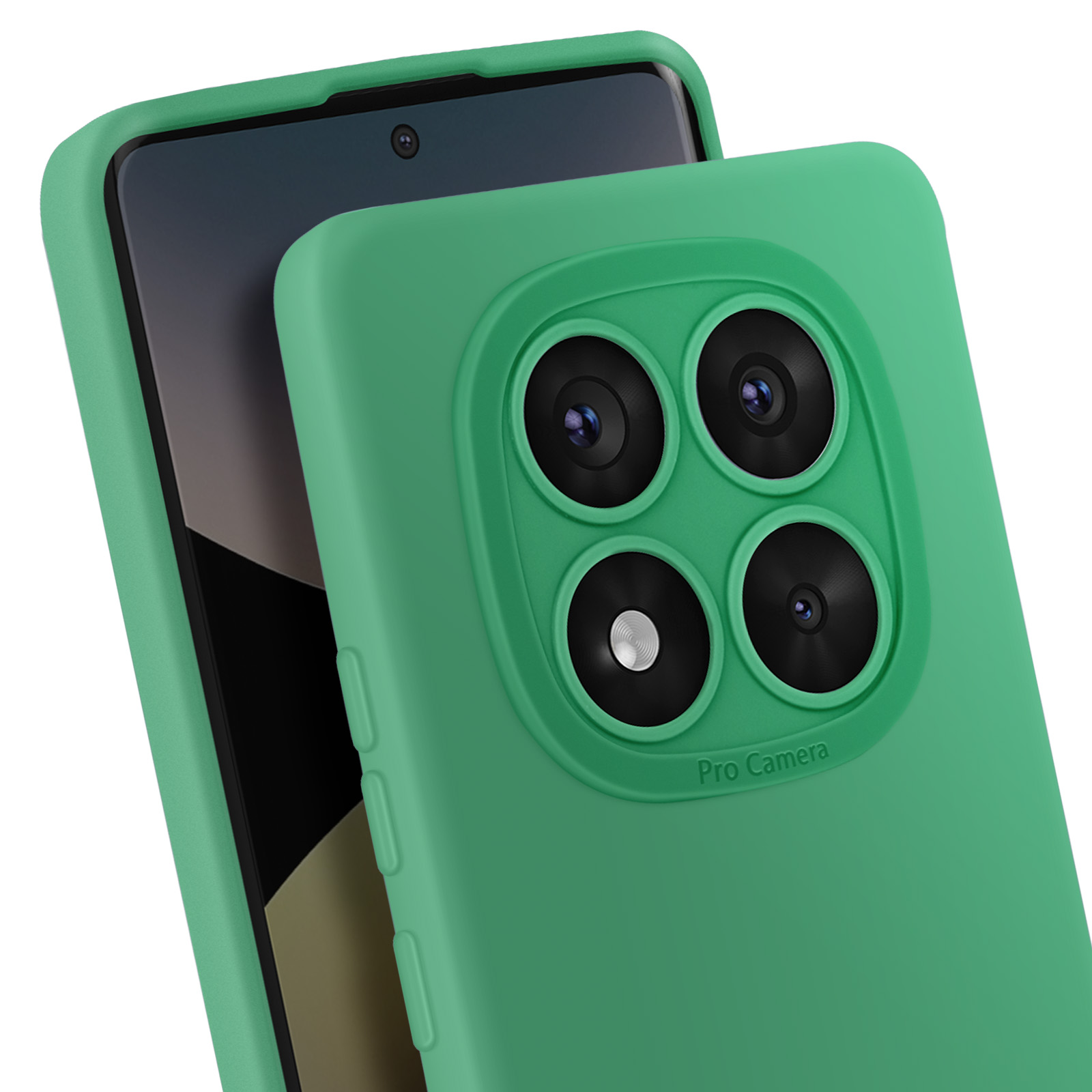 Custodia verde per telefono con quattro lenti della fotocamera. Il telefono è contro lo sfondo.