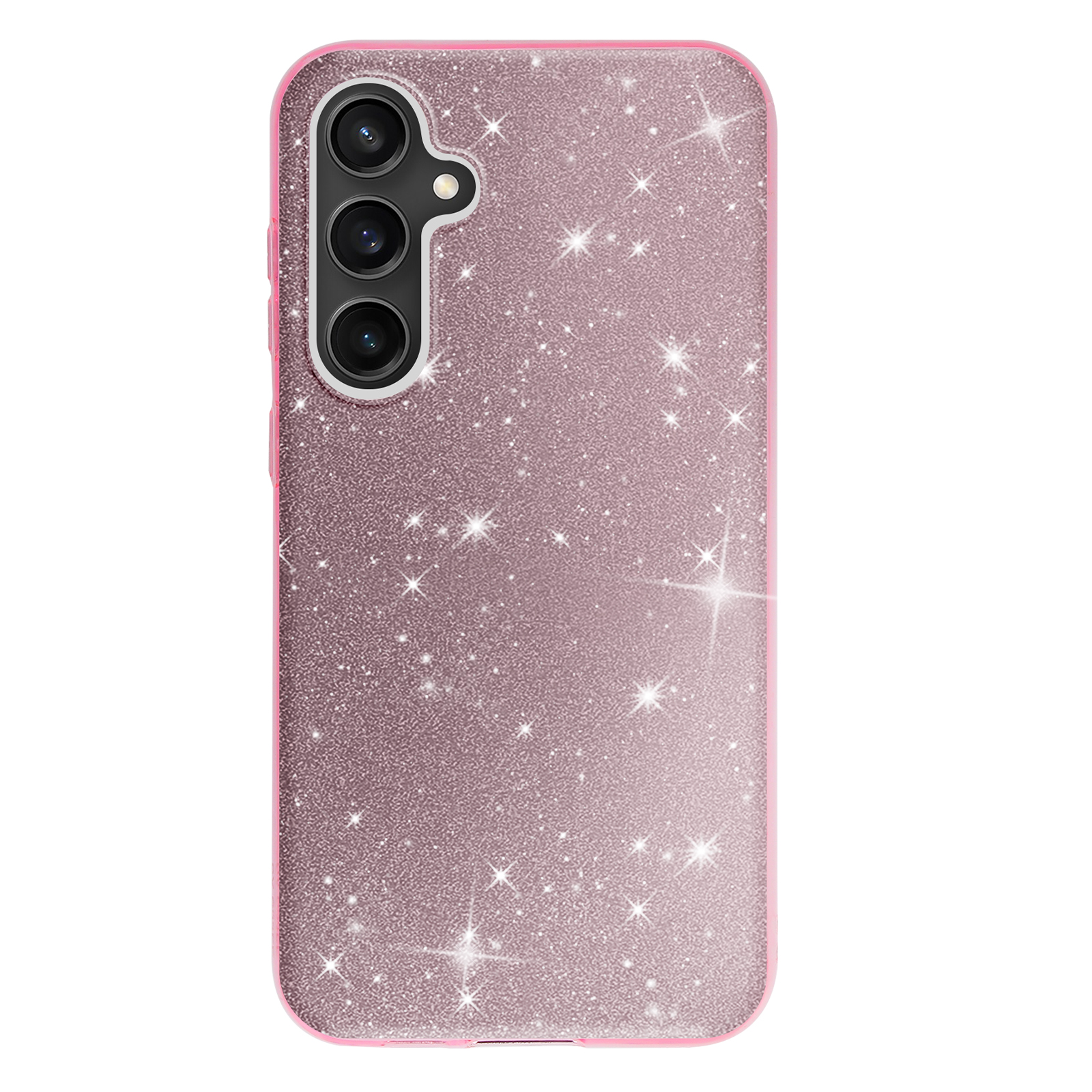 Mano che tiene una custodia rosa glitterata con tre lenti della fotocamera e sfondo bianco.