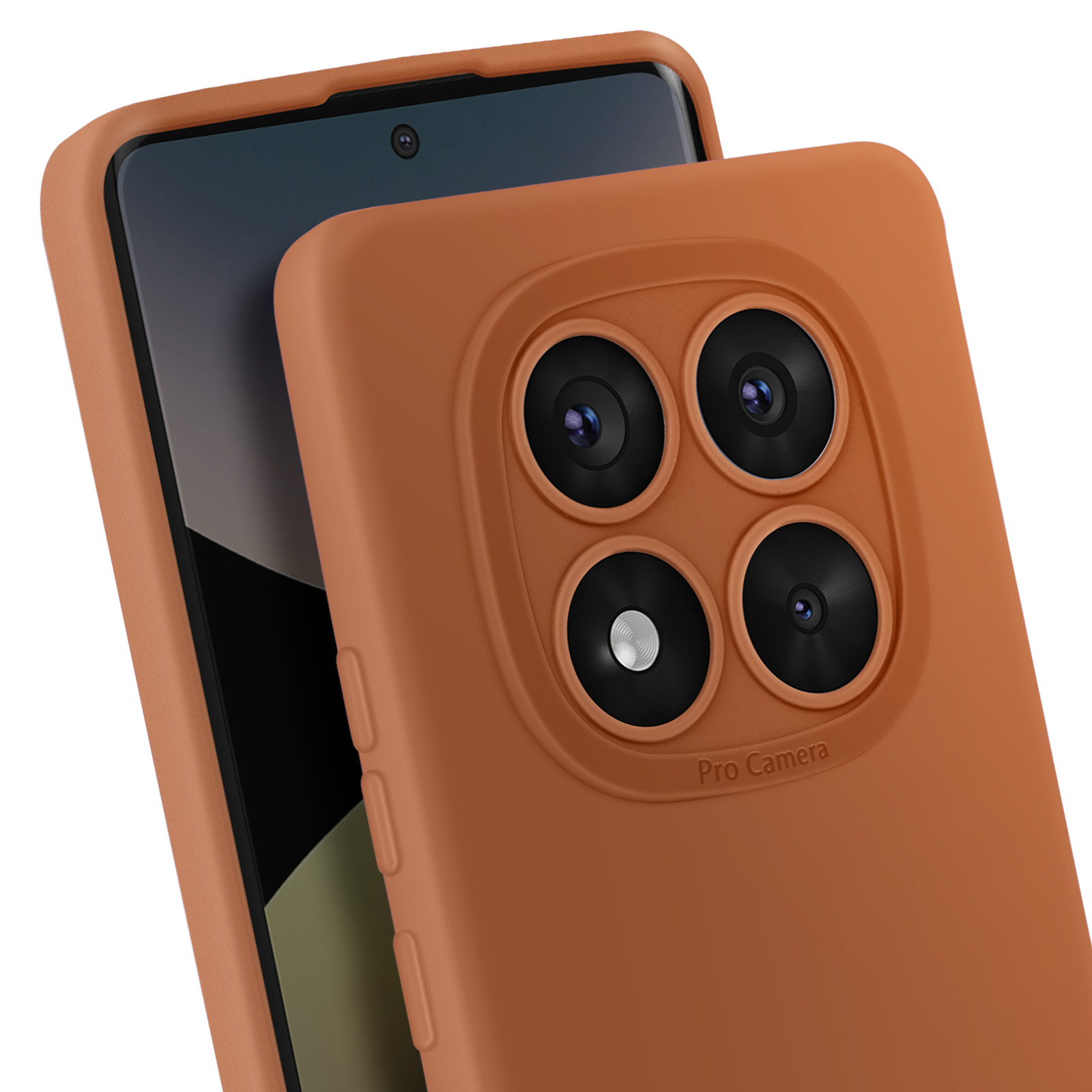 Custodia arancione per telefono. Lenti della fotocamera triple. Testo 'Pro Camera'. Marrone.