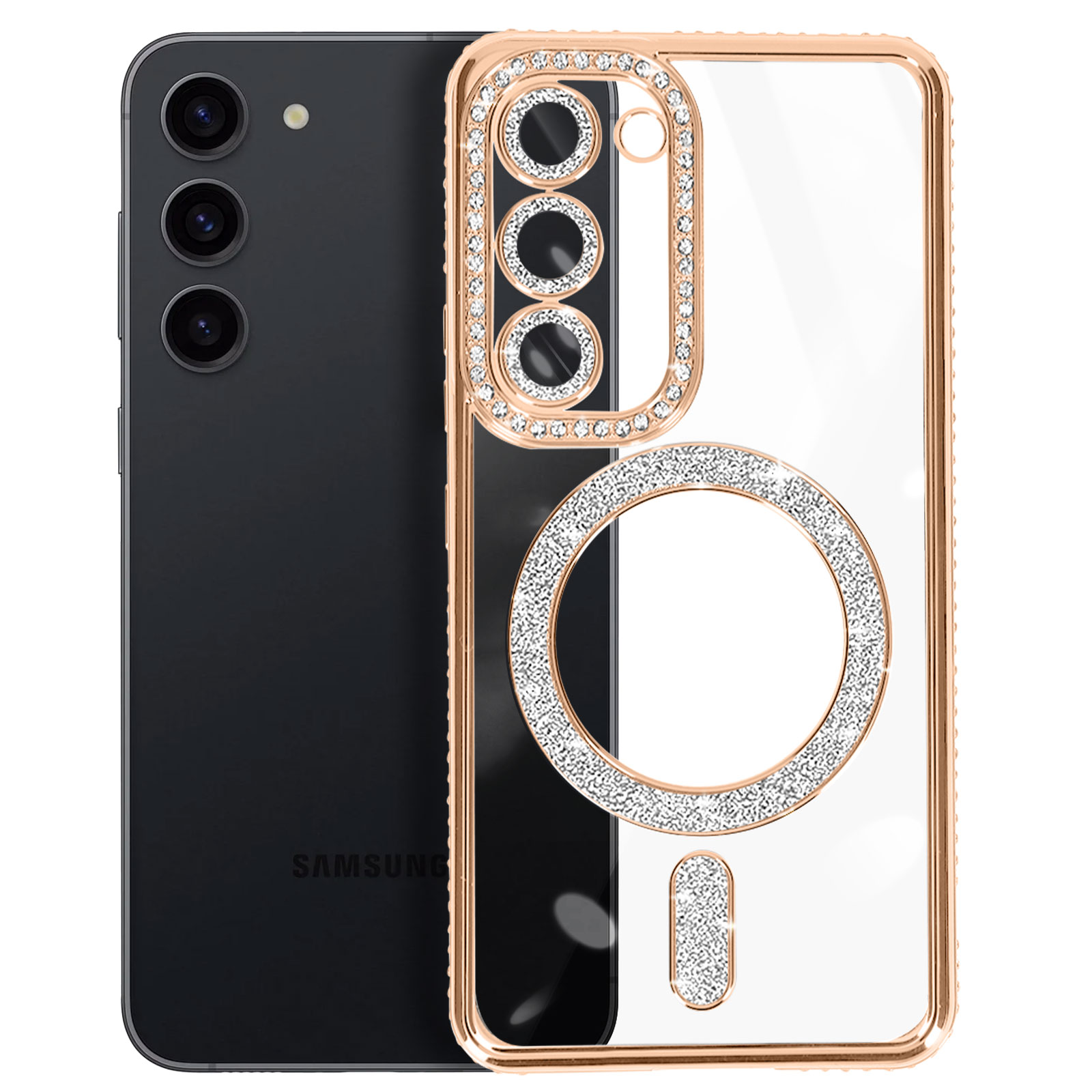 Custodia per telefono con bling. Tre fotocamere. Design oro e diamanti. Telefono nero.