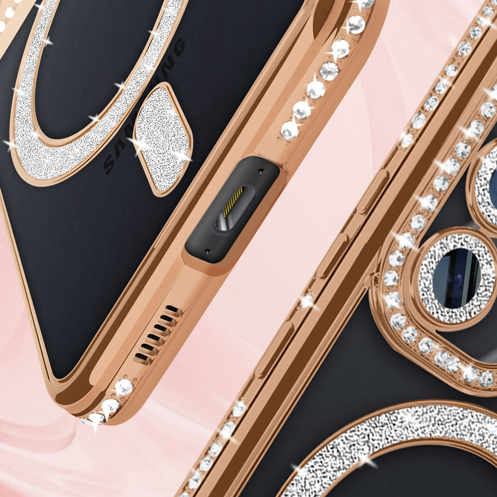 Custodia per telefono con strass su un telefono. Primo piano di una parte della custodia.