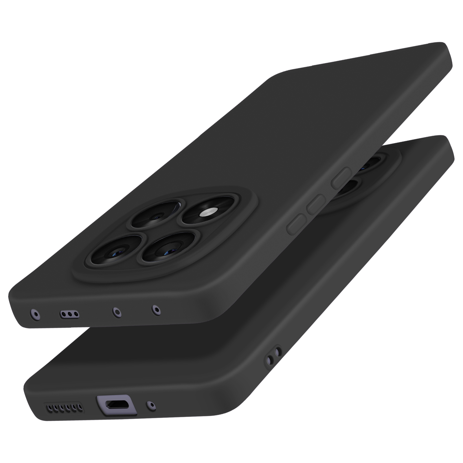 Due custodie nere per telefono, una sopra l'altra, che mostrano lenti della fotocamera e porte.