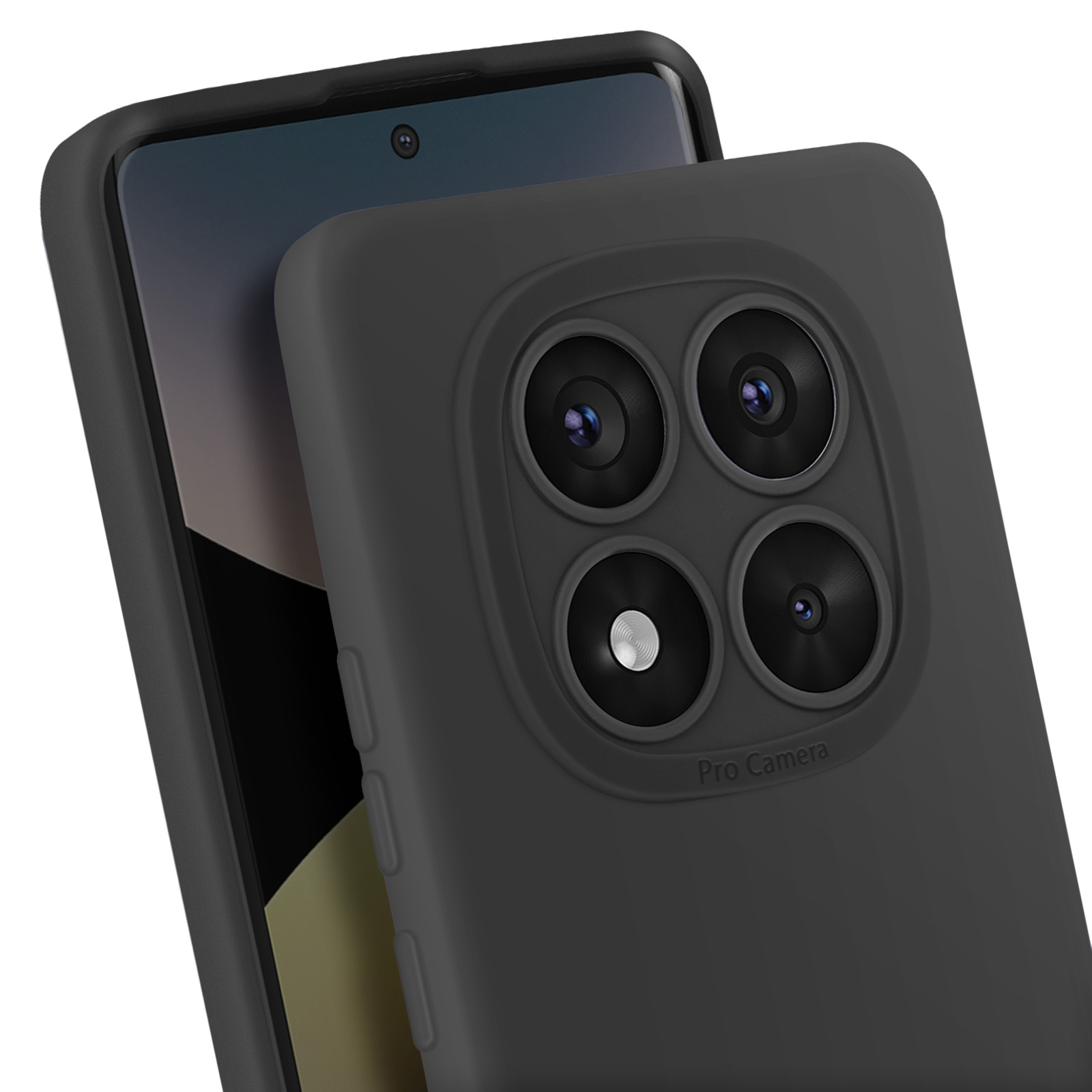 Custodia nera per telefono con quattro lenti della fotocamera. Il telefono è sullo sfondo.