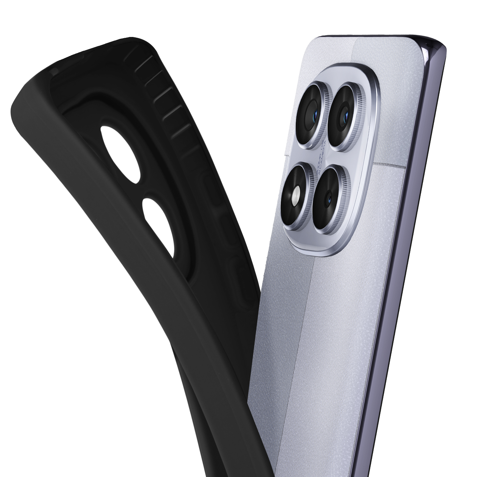 Custodia nera per telefono aperta, rivela un telefono con quattro fotocamere, su sfondo bianco.
