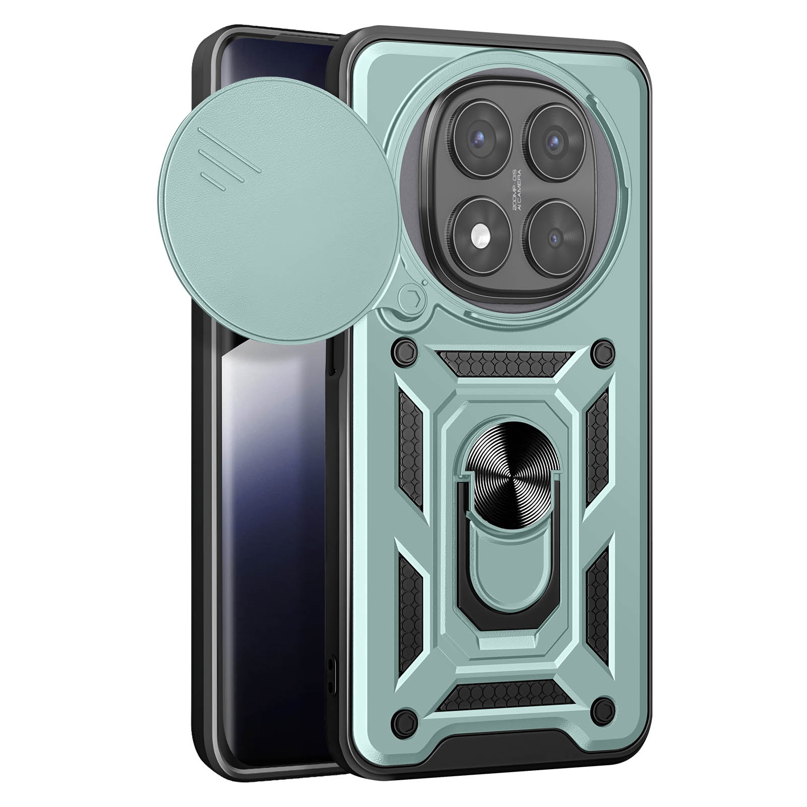 Una custodia per telefono verde menta con anello di supporto e copertura scorrevole per fotocamera.