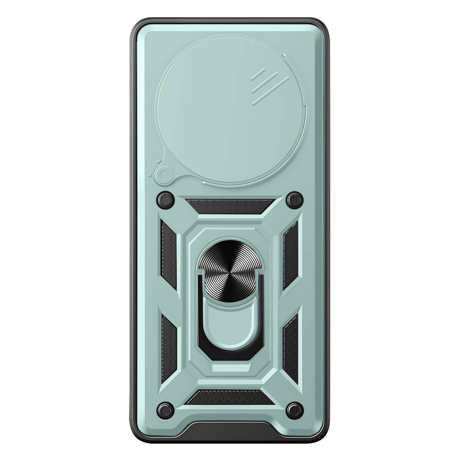 Una custodia per telefono verde menta con anello di supporto e copertura scorrevole per fotocamera.