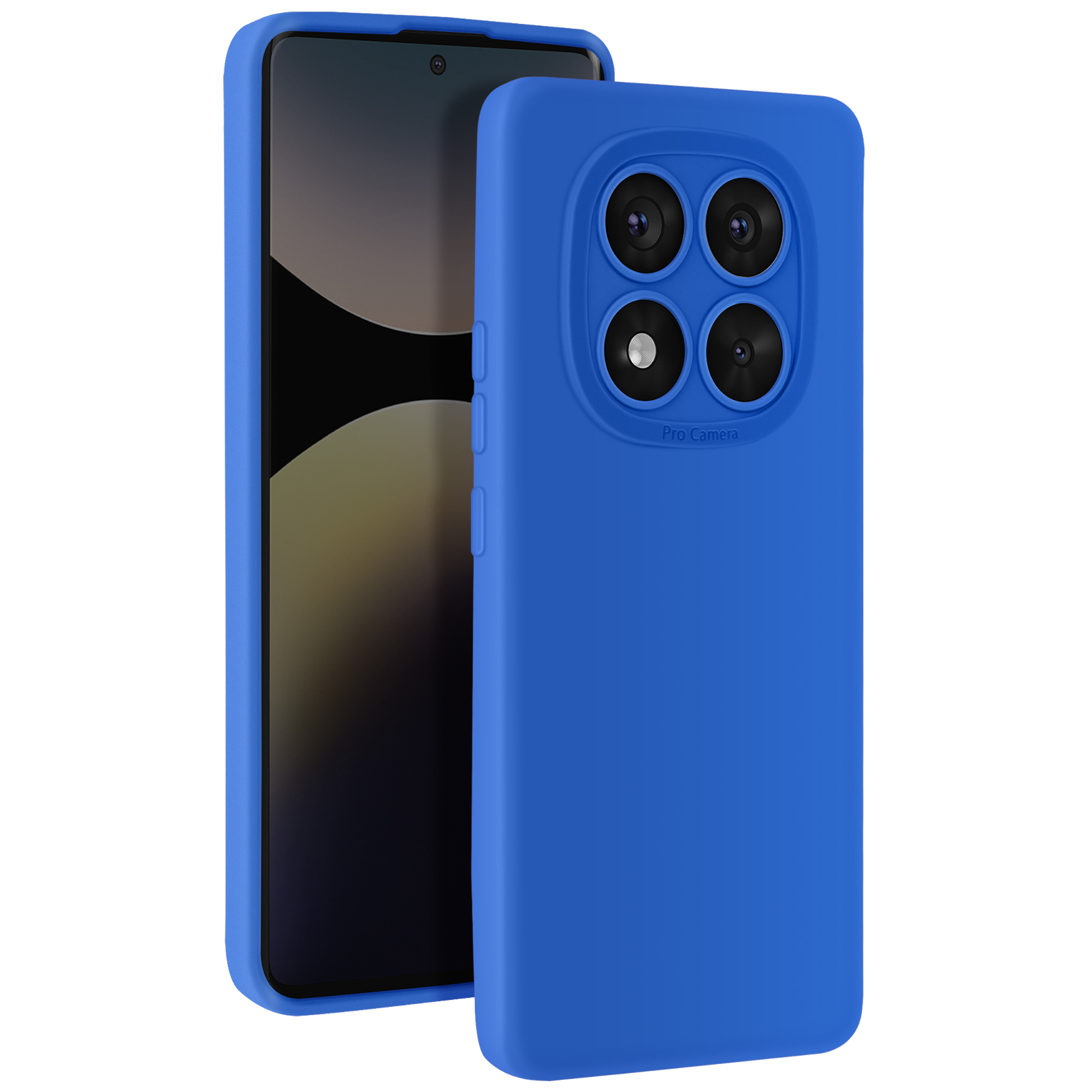 Una custodia per telefono blu con quattro obiettivi. La custodia ha un'etichetta pro camera.