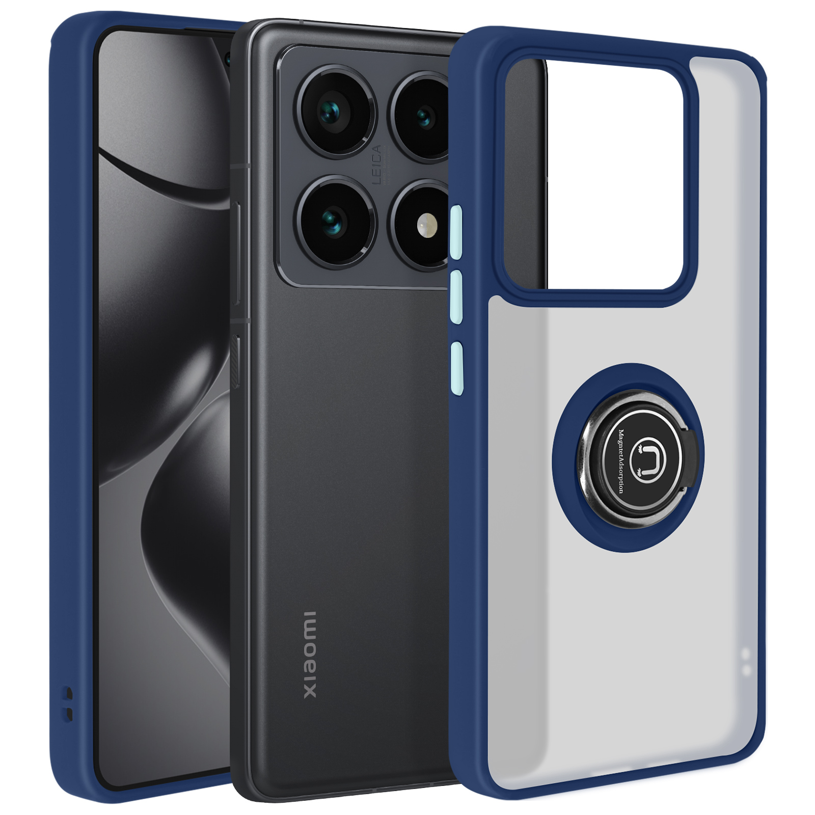 Telefono con custodia, cornice blu, retro trasparente, portanello, Xiaomi, quattro fotocamere.