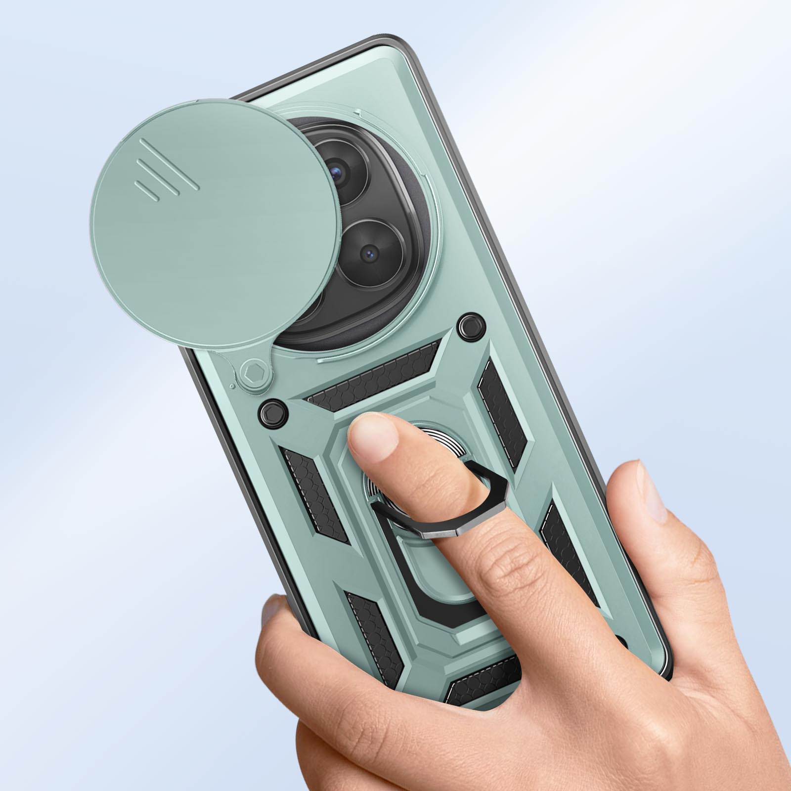 Una mano che tiene un telefono con una custodia verde menta. Il telefono ha una copertura scorrevole per la fotocamera aperta.