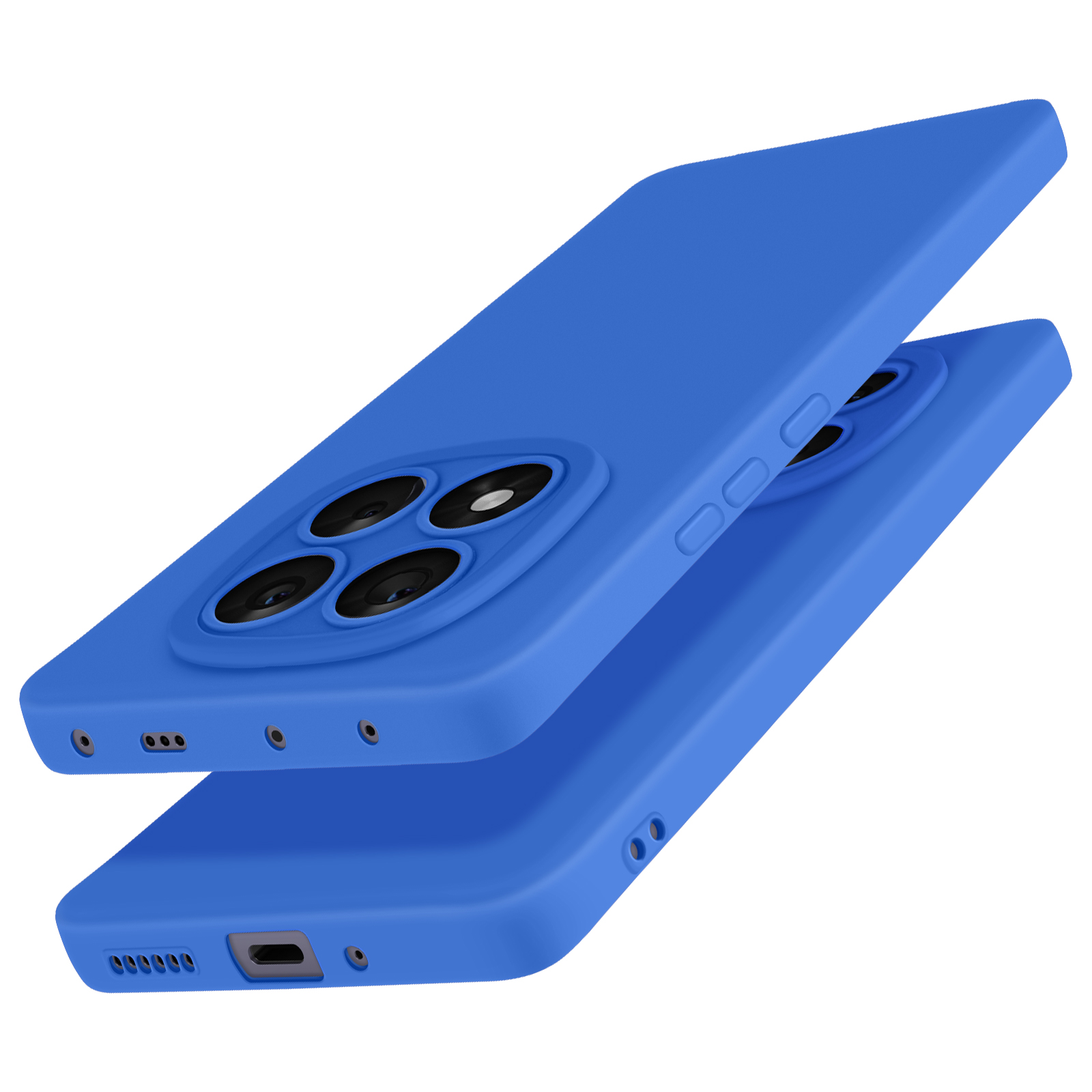Due custodie per telefono blu, una impilata sull'altra. La custodia ha quattro obiettivi.