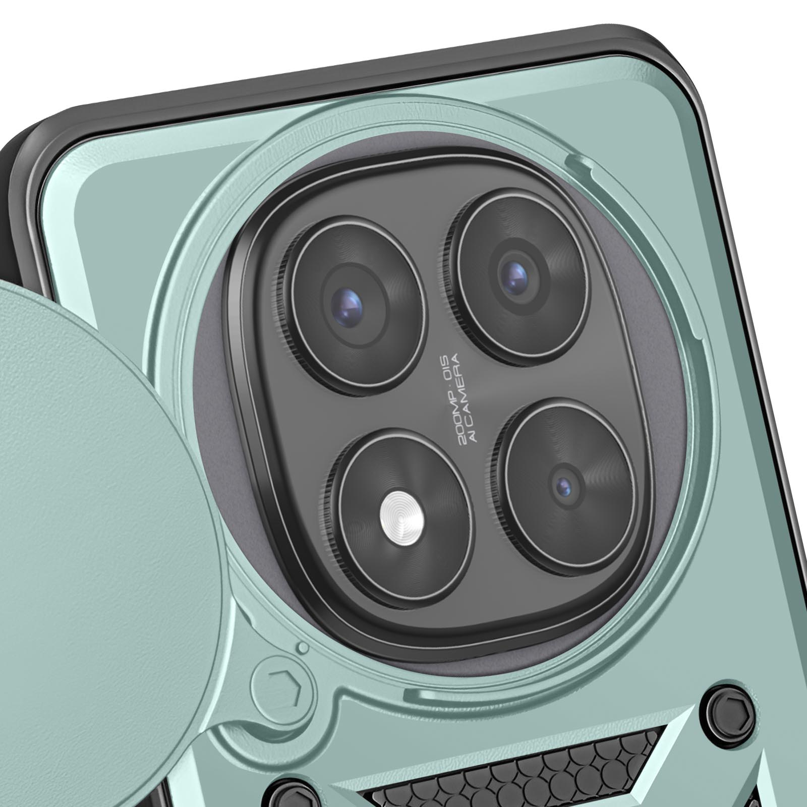 Primo piano di una custodia per telefono con anello di supporto verde acqua e copertura scorrevole per fotocamera.