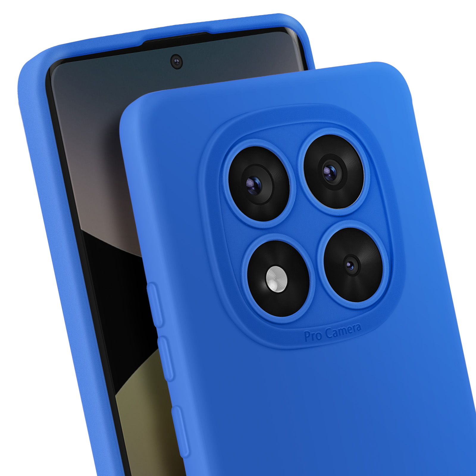 Custodia per telefono blu, telefono con quattro fotocamere, fotocamera pro, sfondo nero.