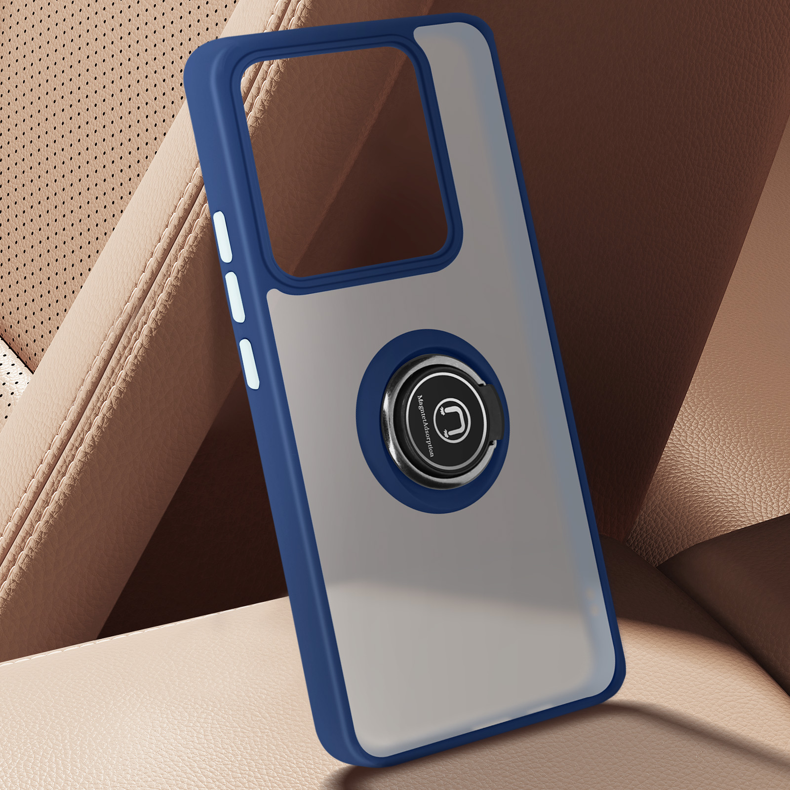 Custodia con supporto ad anello, cornice blu, Xiaomi, retro grigio, sfondo auto.