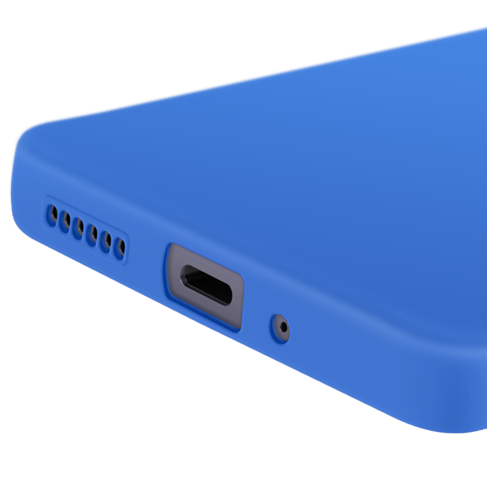 Primo piano di una custodia blu, con porte e altoparlanti, sfondo bianco.