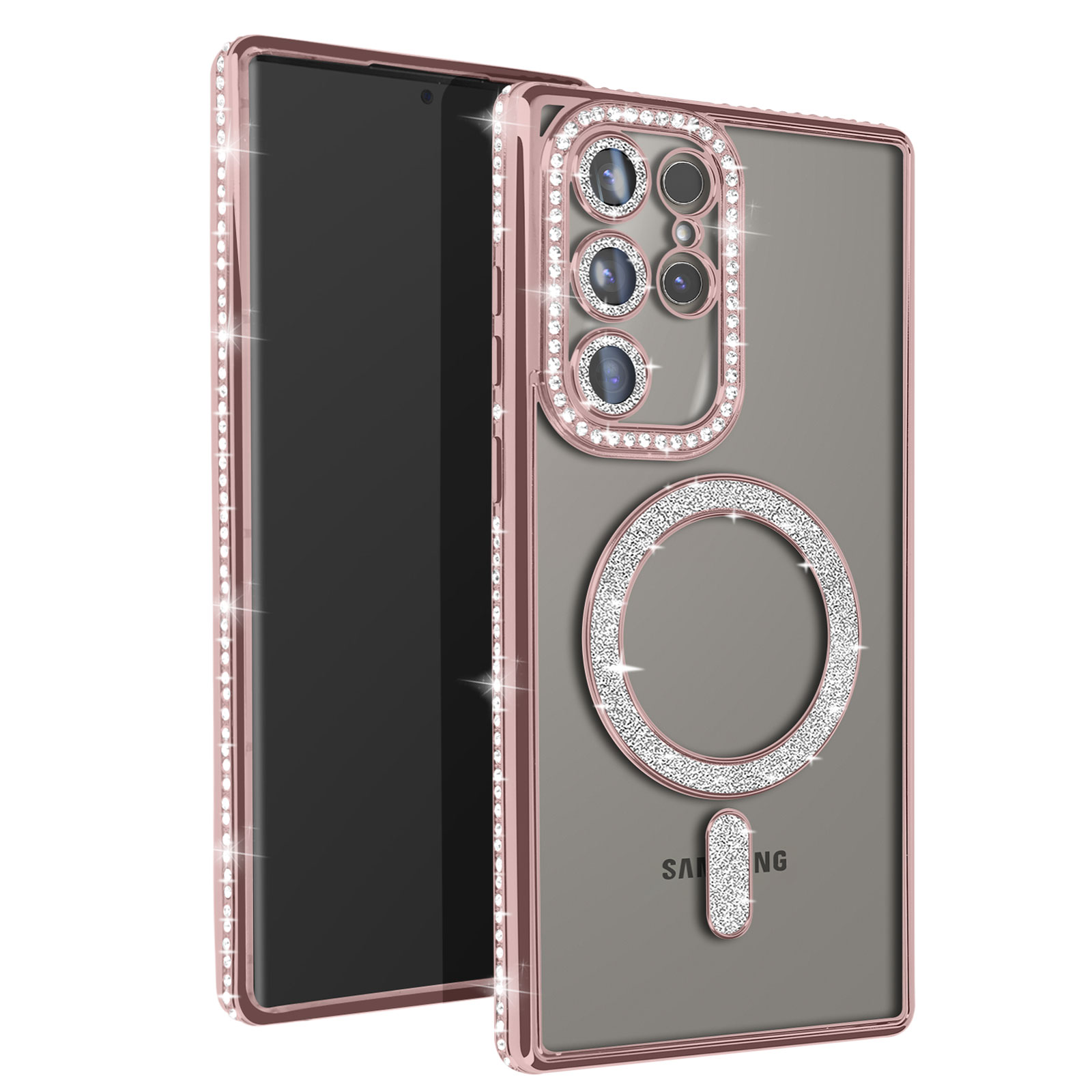Una custodia per telefono con un anello di diamanti. La custodia è rosa e il telefono nero.