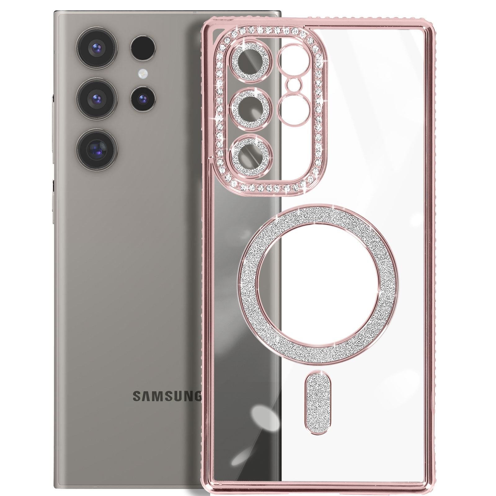 Due telefoni, uno grigio, uno trasparente con cornice rosa, entrambi con lenti della fotocamera.