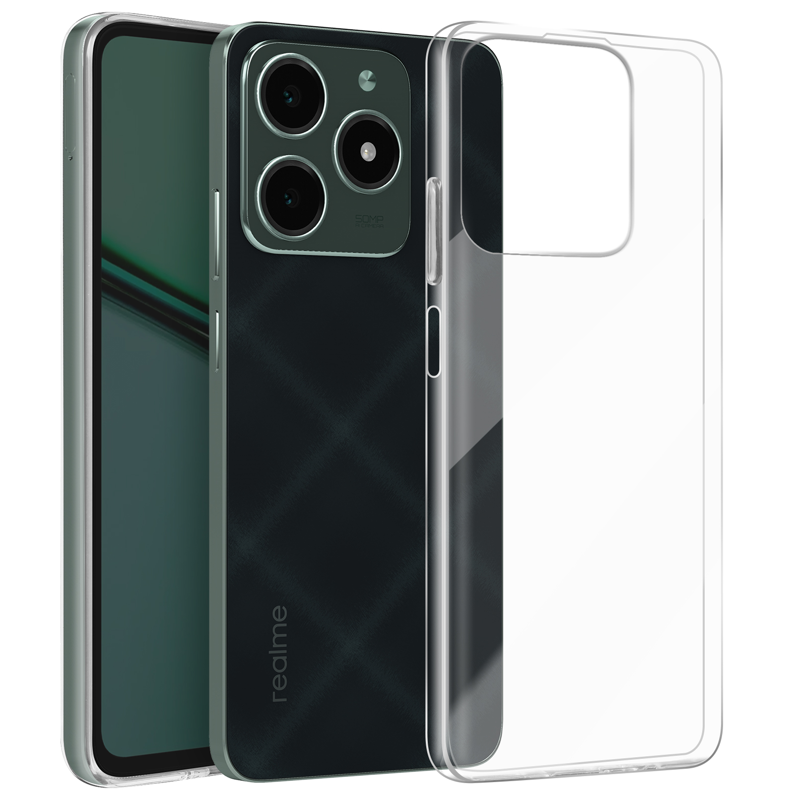 Un telefono con cornice e fotocamera verdi, con una custodia trasparente.