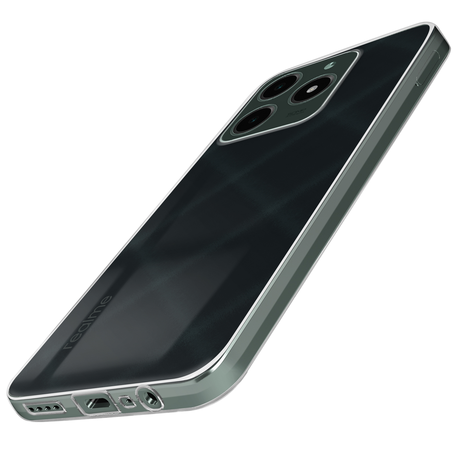 Telefono con custodia trasparente e lenti della fotocamera.