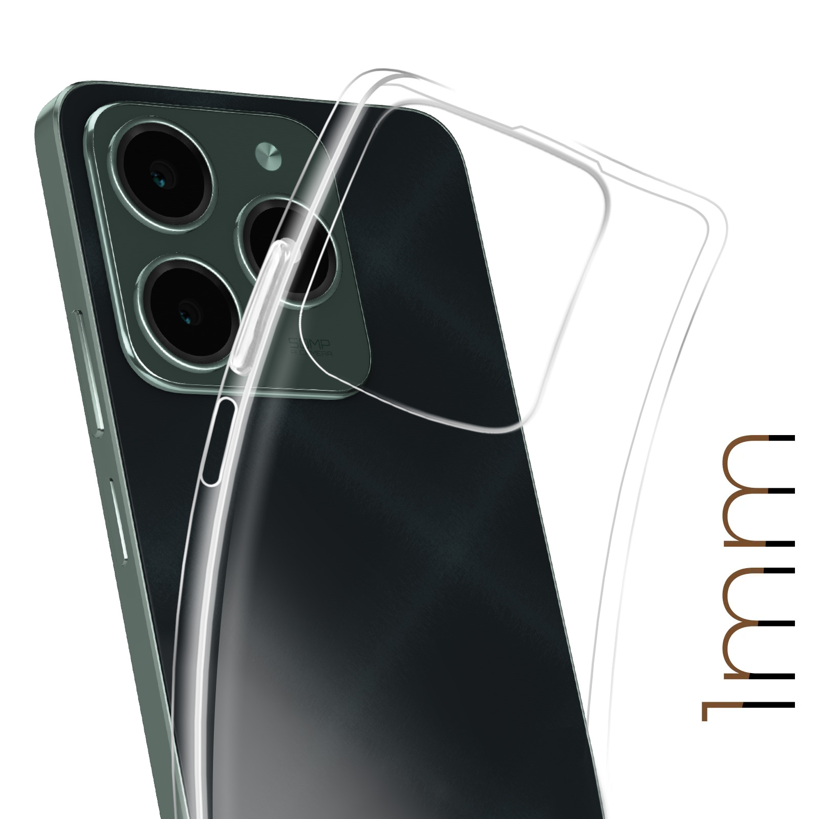 Custodia trasparente su un telefono. La custodia ha uno spessore di 1 mm.