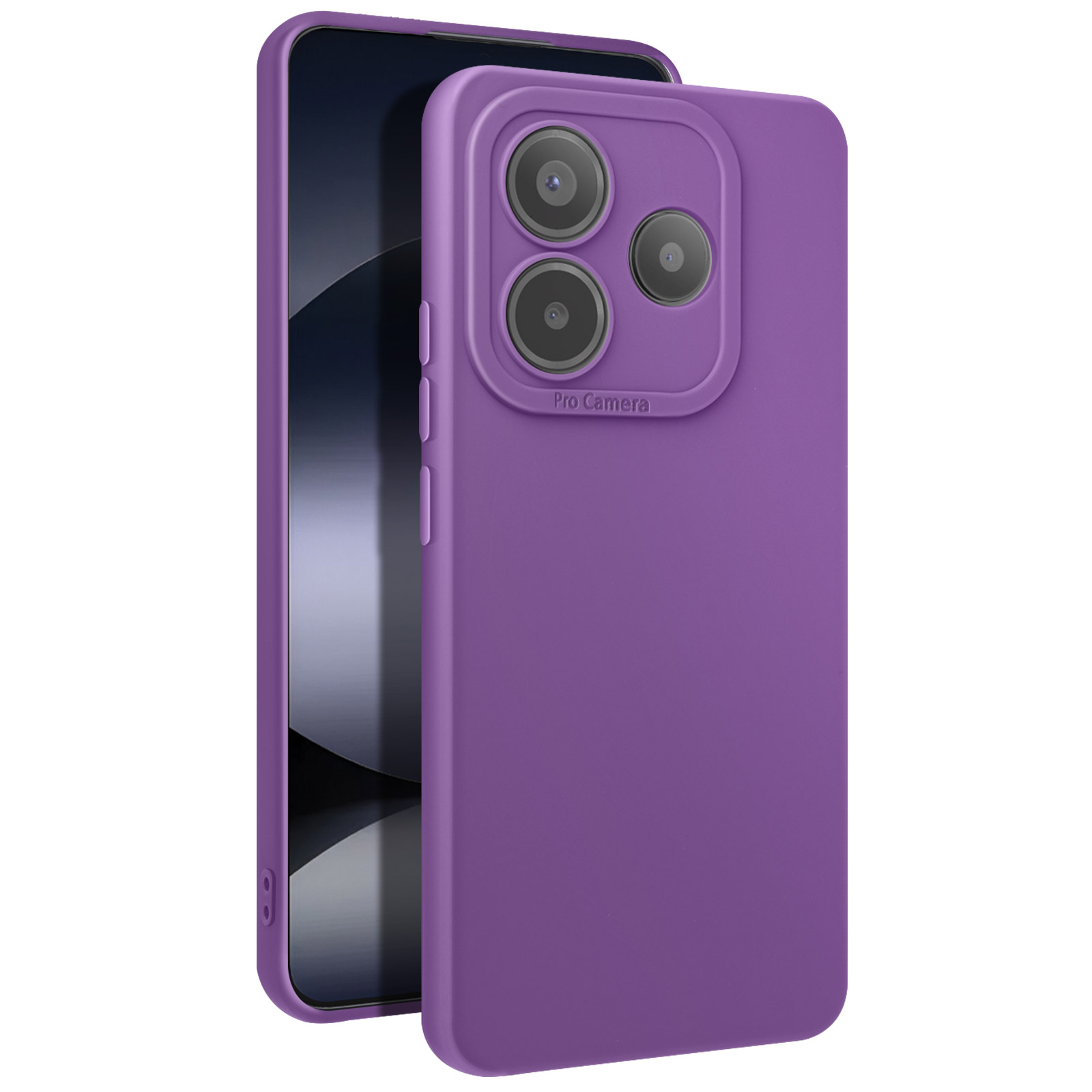 Telefono con custodia viola, lenti della fotocamera visibili, con etichetta Pro Camera.