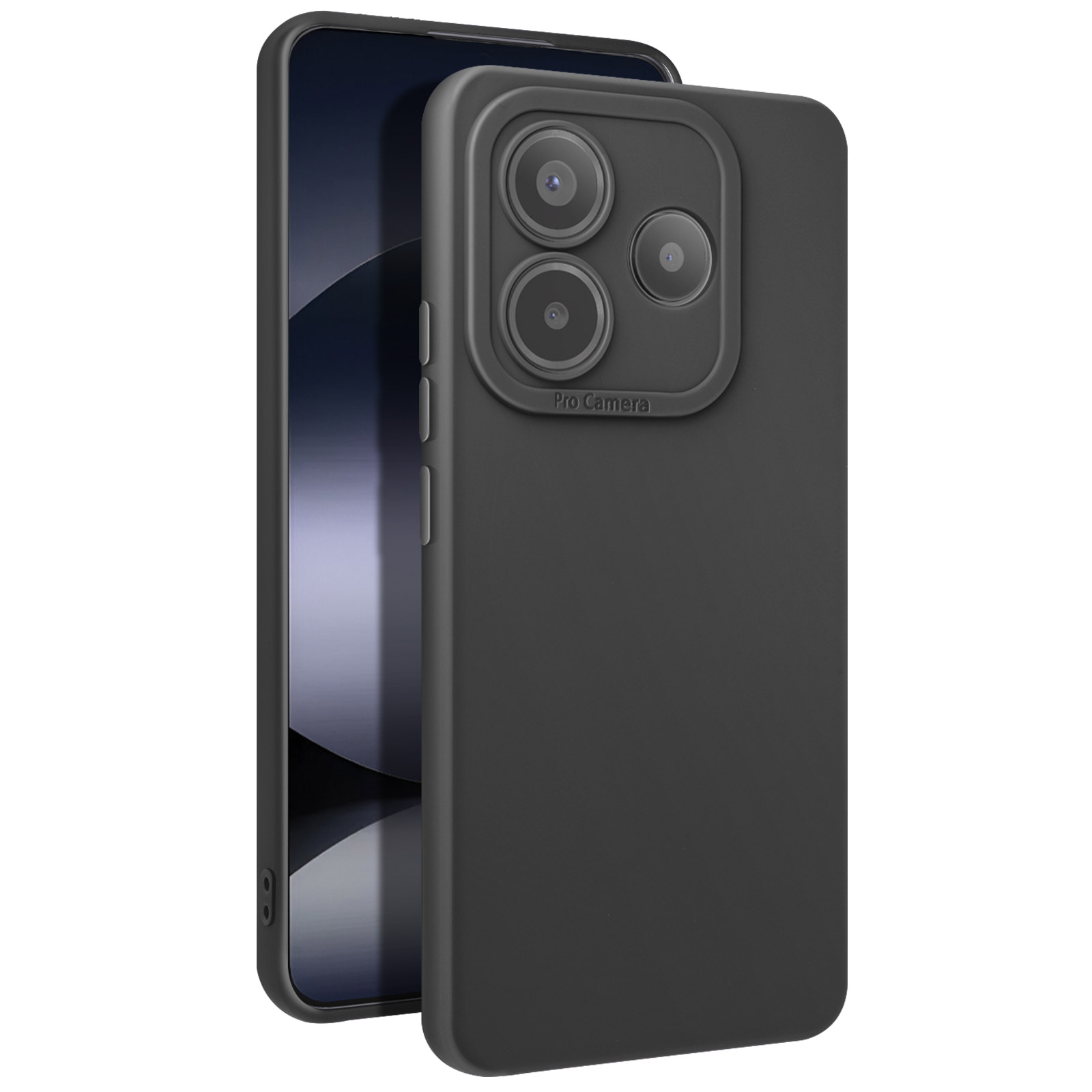 Telefono con custodia nera, lenti della fotocamera visibili, ed etichetta Pro Camera.