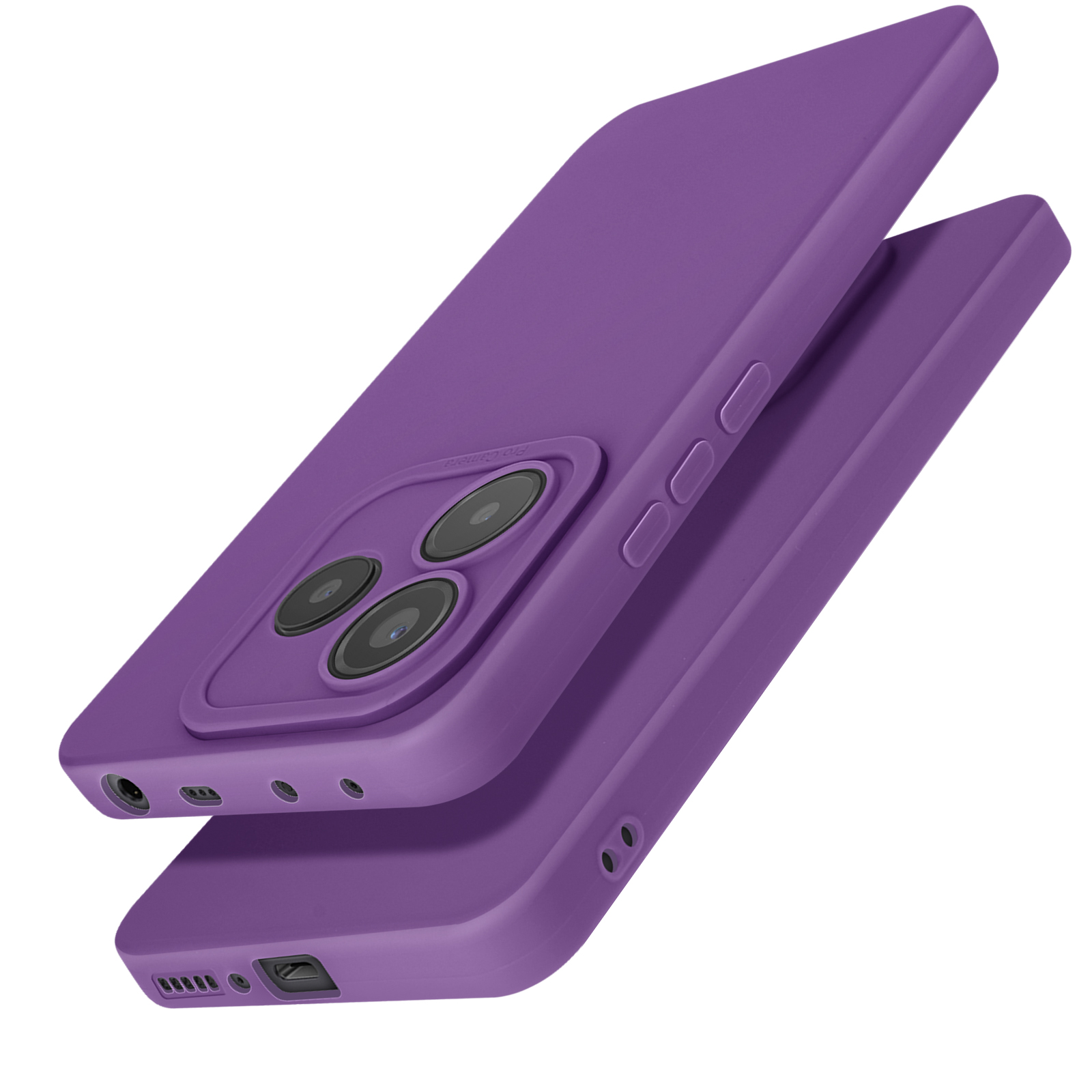 Due telefoni con custodie viola, lenti della fotocamera visibili.