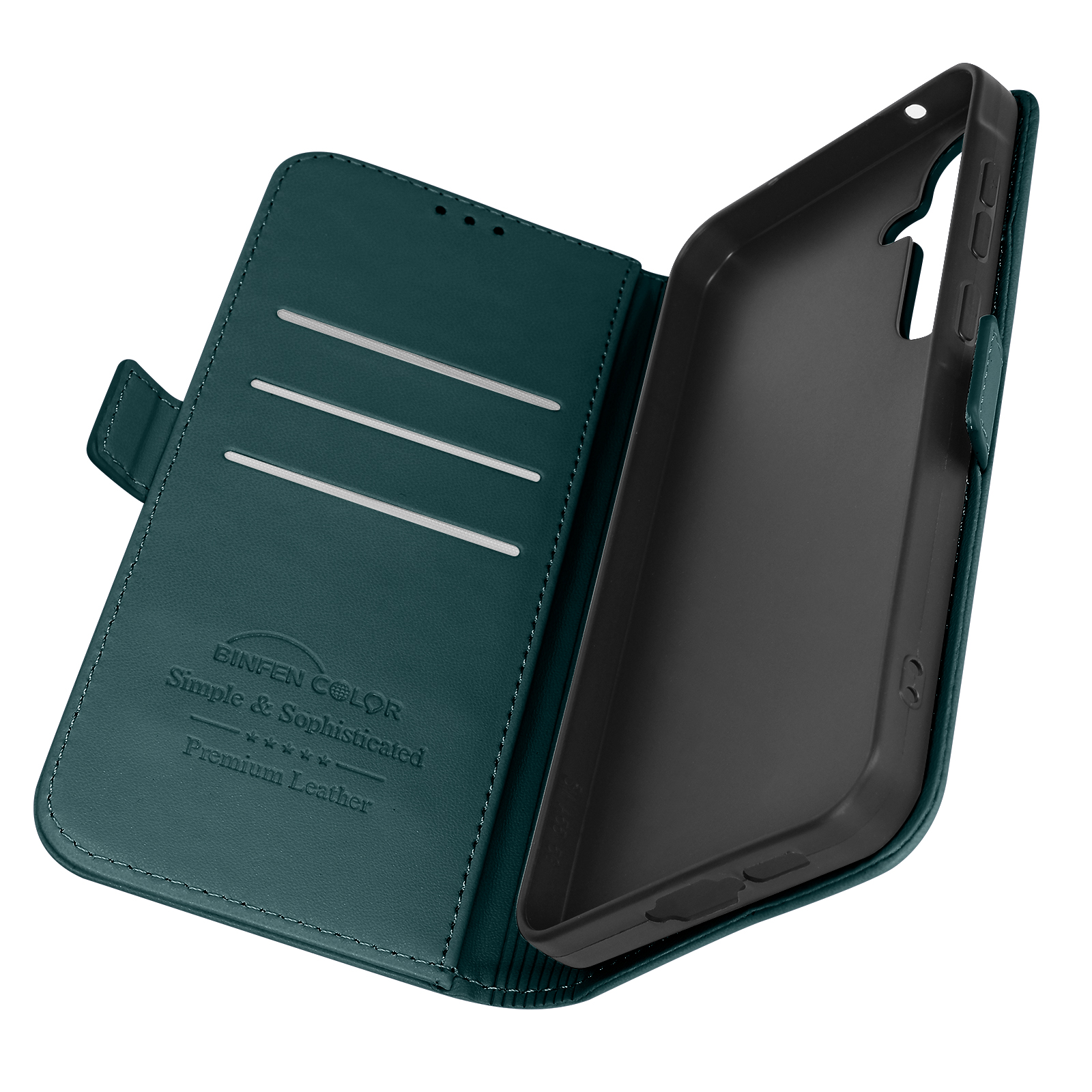 Custodia per telefono verde acqua, aperta. All'interno si vede un supporto per telefono e fessure per carte. Il marchio è visibile.