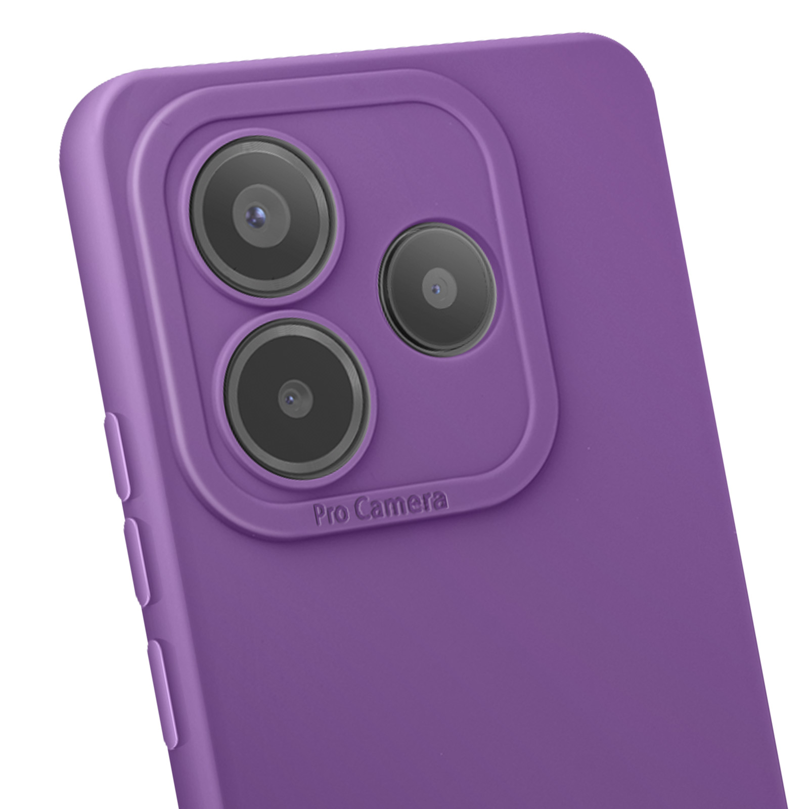 Primo piano di una custodia per telefono con lenti della fotocamera viola, etichettate Pro Camera.