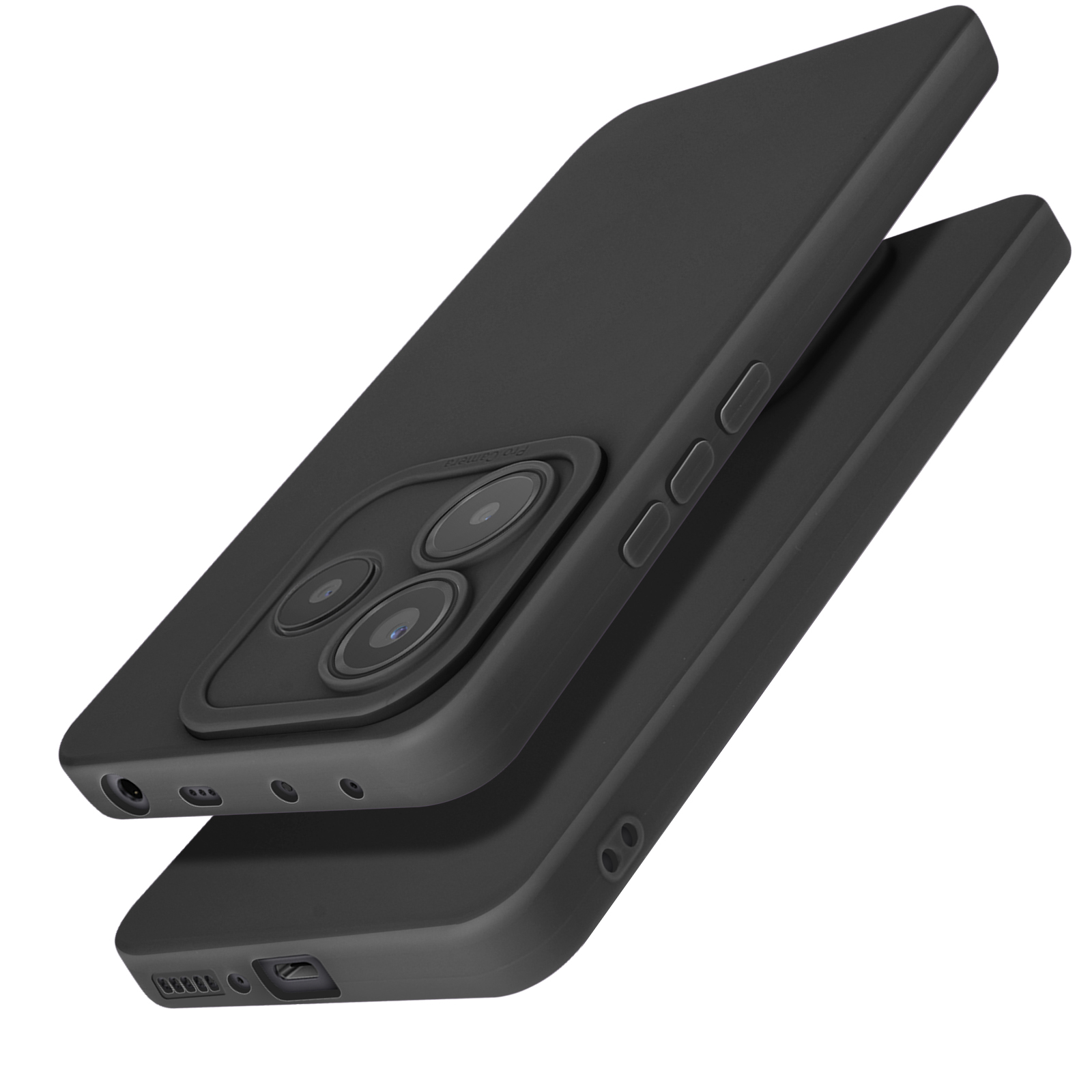 Custodia nera, due parti. Una con lenti della fotocamera, l'altra è la custodia.