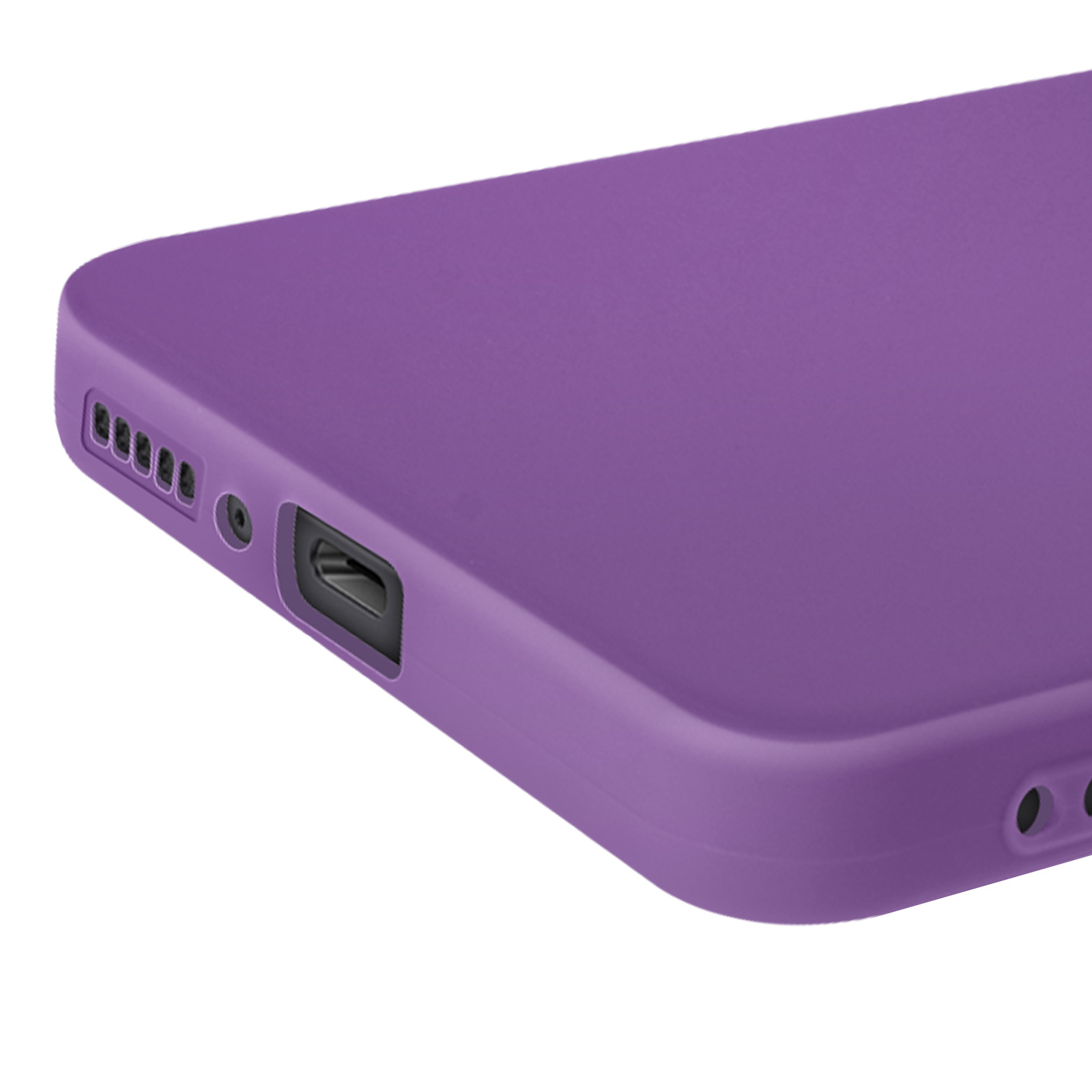 Un primo piano di una custodia per telefono viola. I ritagli della fotocamera e della porta sono visibili.