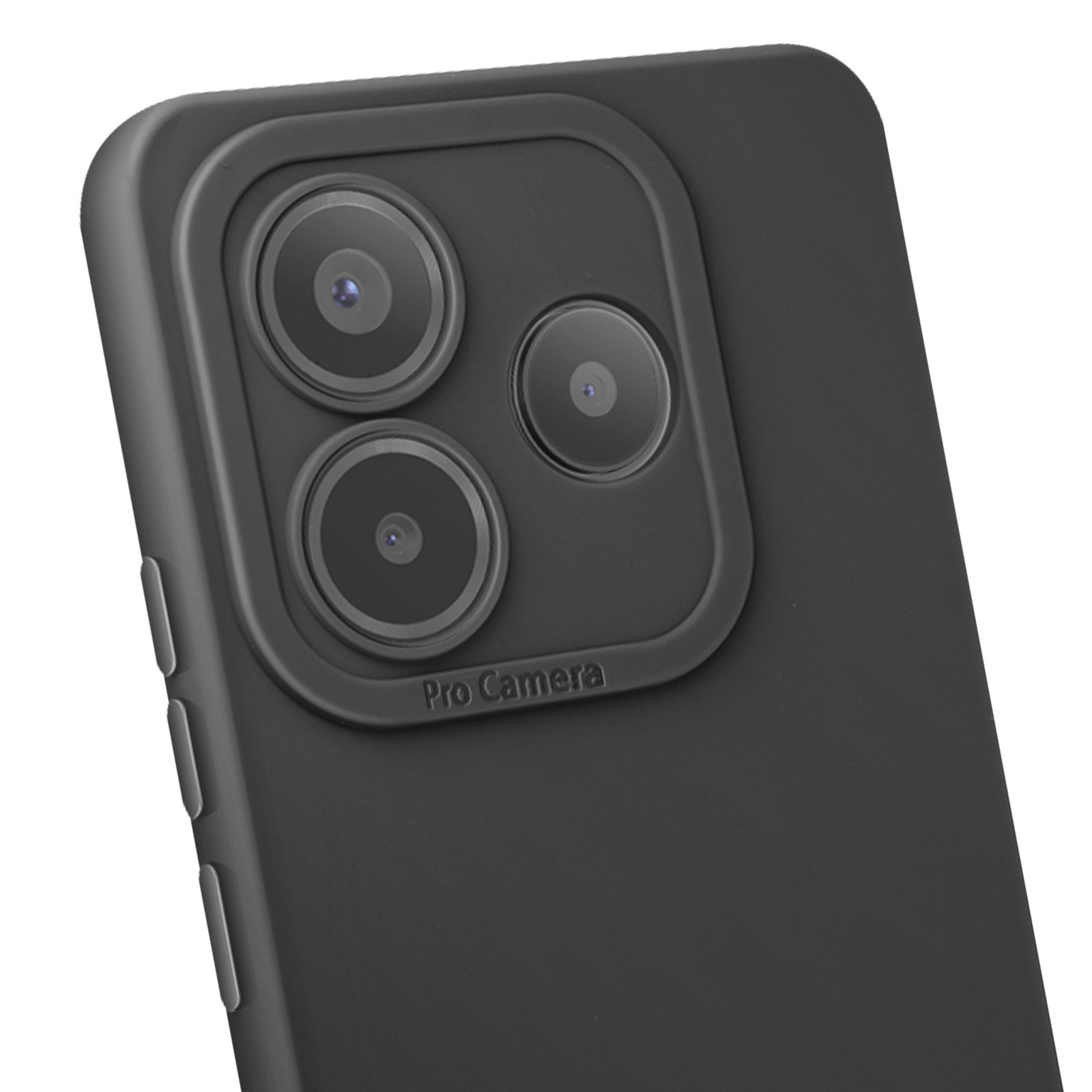 Una custodia per telefono, nera, con lenti della fotocamera visibili. Le parole 'Pro Camera' sono scritte.