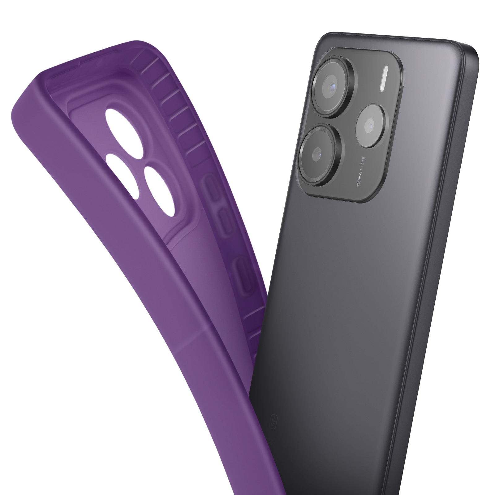 Un telefono con una custodia viola che viene rimosso. Il telefono ha tre fotocamere.