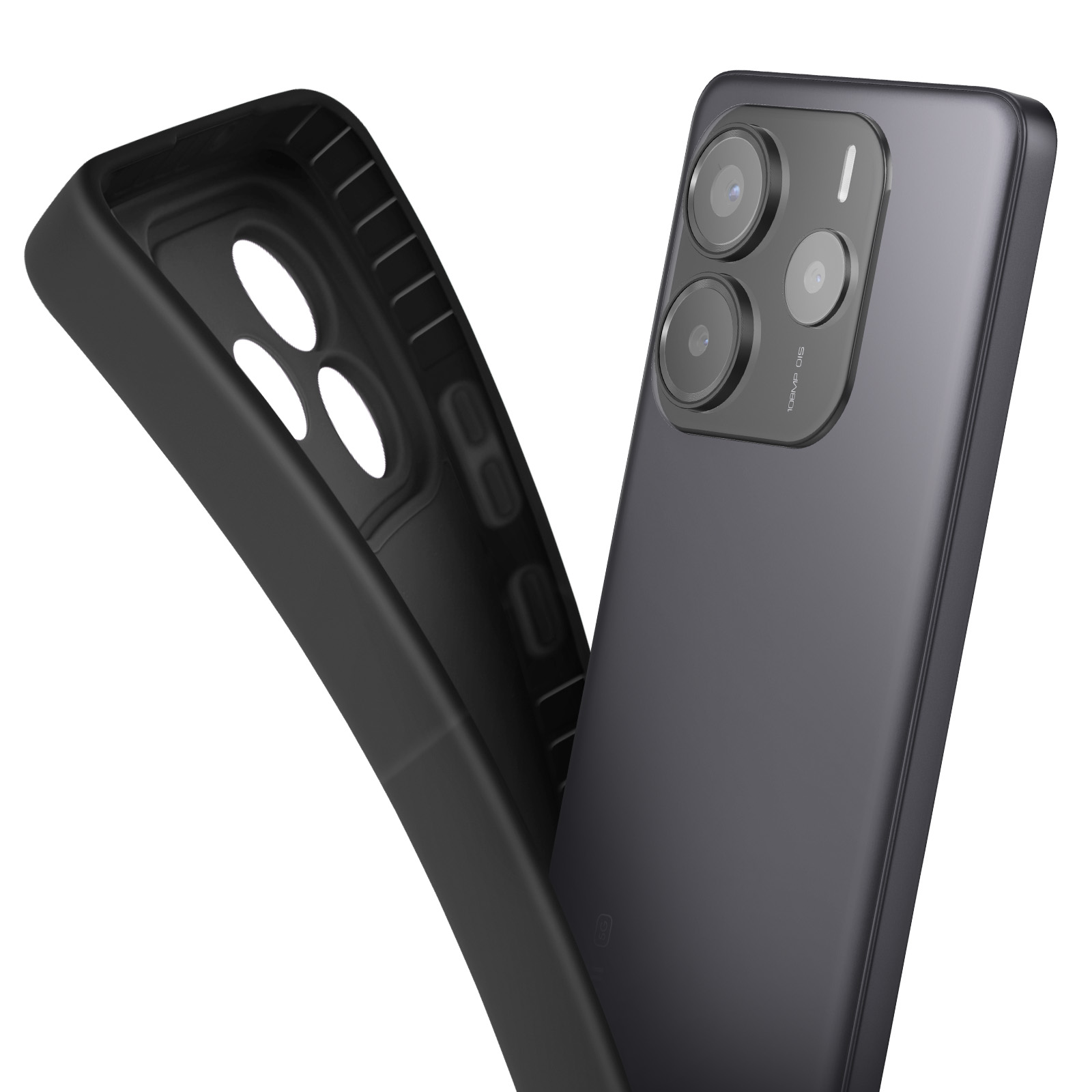 Un telefono con una custodia nera che viene rimosso. Il telefono ha tre fotocamere.