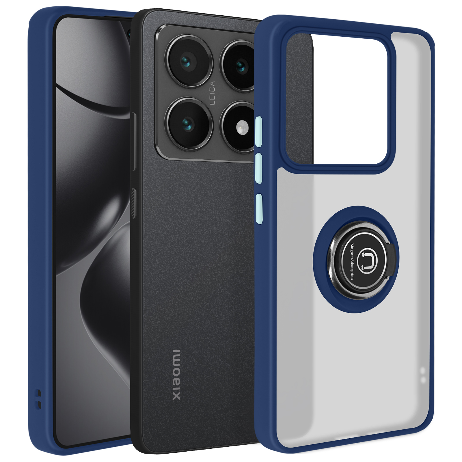 Un telefono in una custodia blu. Il telefono ha tre fotocamere e un supporto ad anello. Il marchio è xiaomi.