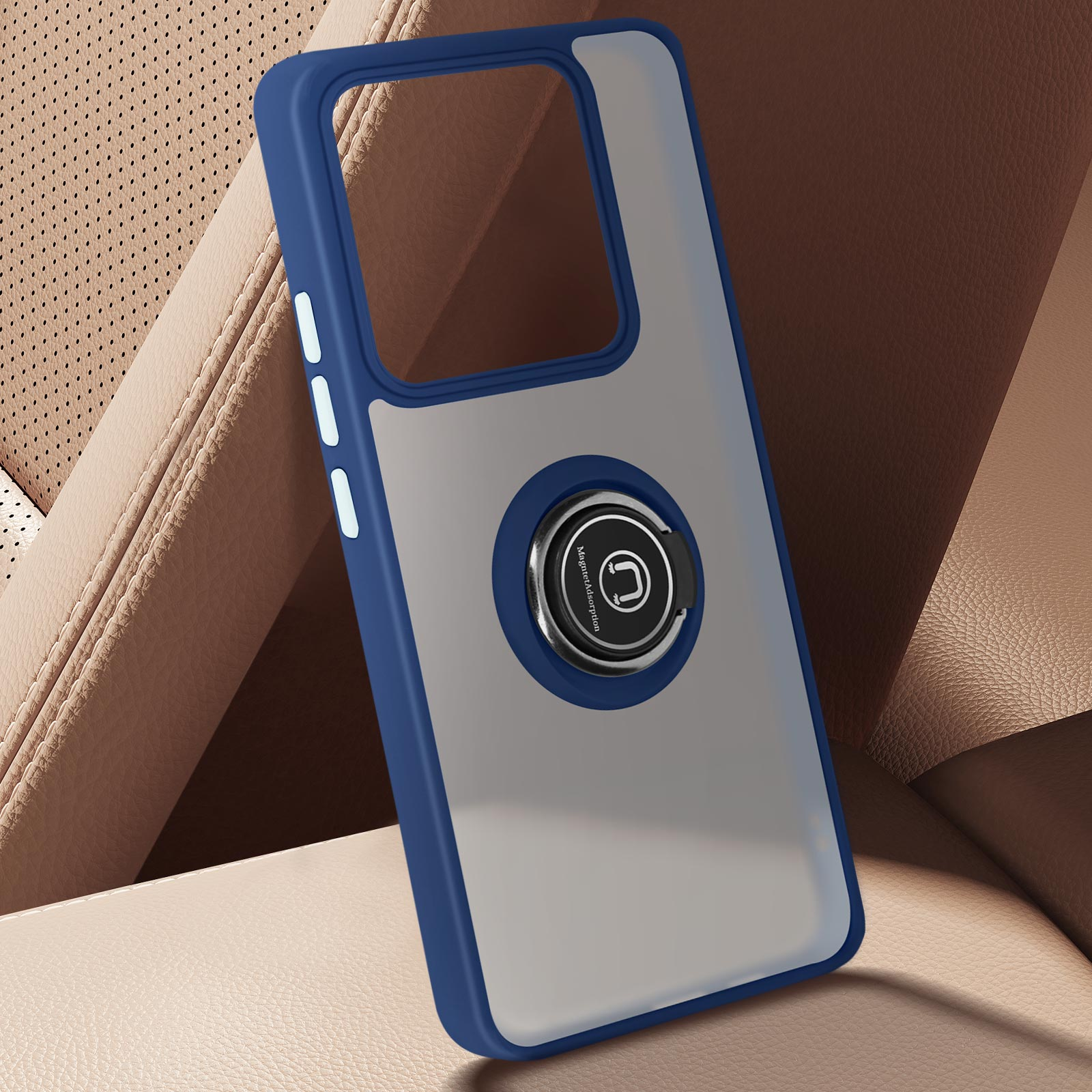 Custodia blu per telefono con anello. La custodia è sopra un sedile auto. Ha un retro trasparente.