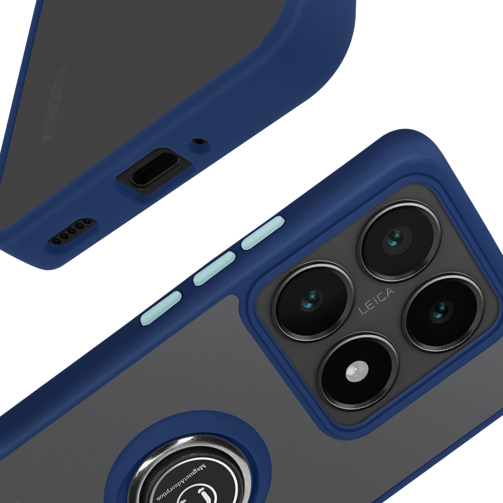 Primo piano di una custodia blu e grigia. La custodia ha tre fotocamere e il logo Leica.