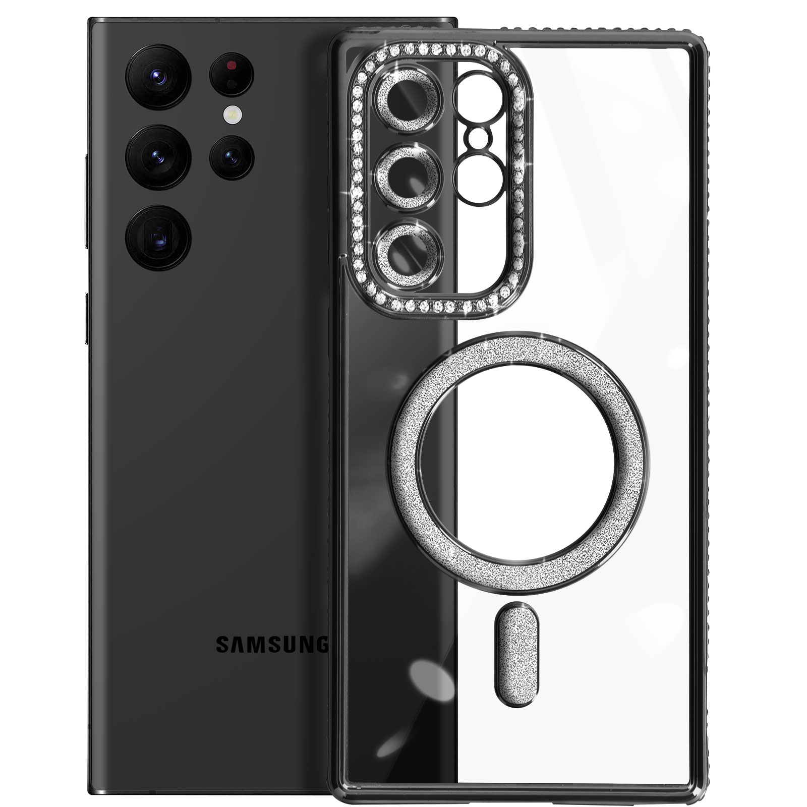 Schwarzes Telefon mit durchsichtiger Hülle, Strasssteinen um die Kameras und Magnetkreis. SAMSUNG-Logo sichtbar.